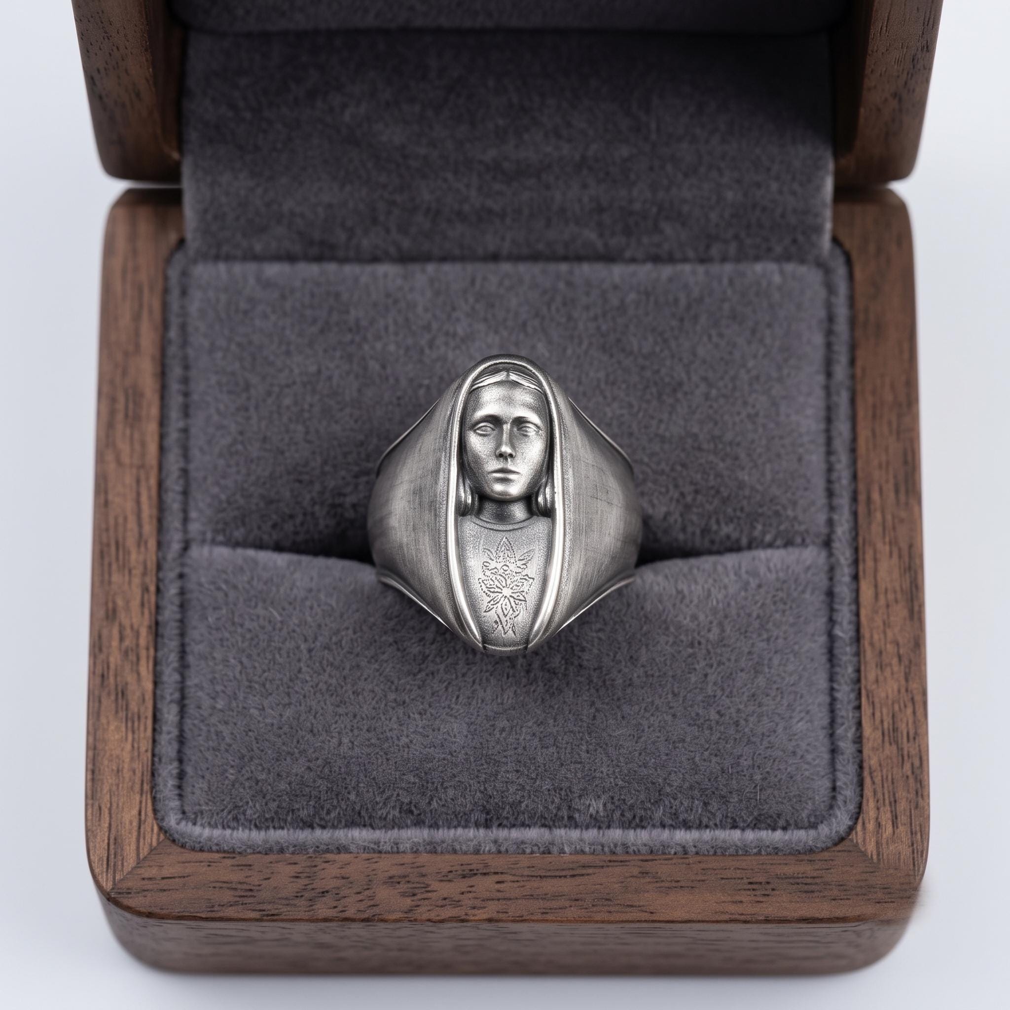 Handmade Sterling Silver Virgin Mary Signet Ring, Oxidized Gothic Religious Jewelry