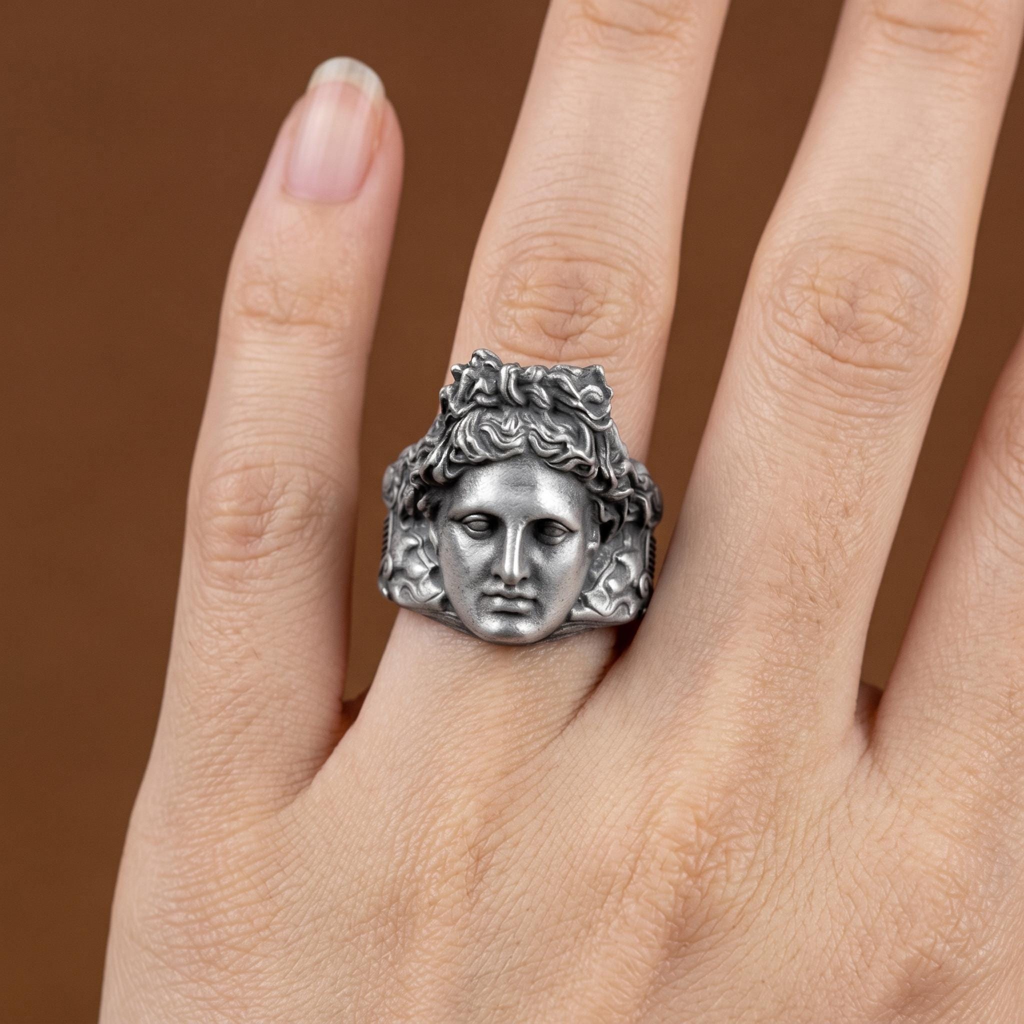 Sterling Silver Greek Goddess Signet Ring, Oxidized Finish, Mythology Jewelry