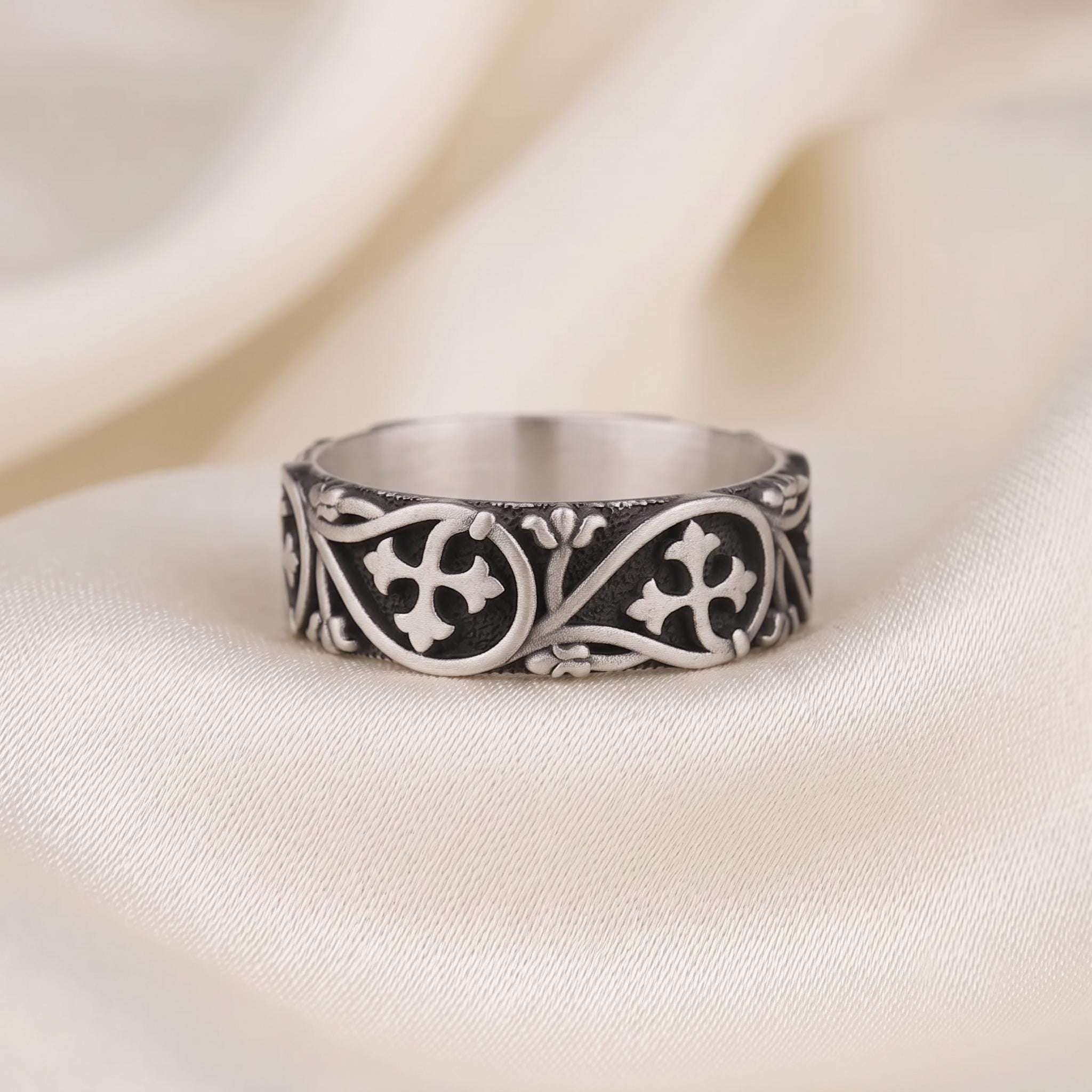 Handmade Gothic Cross Band Ring, Sterling Silver Filigree, Medieval Floral Design