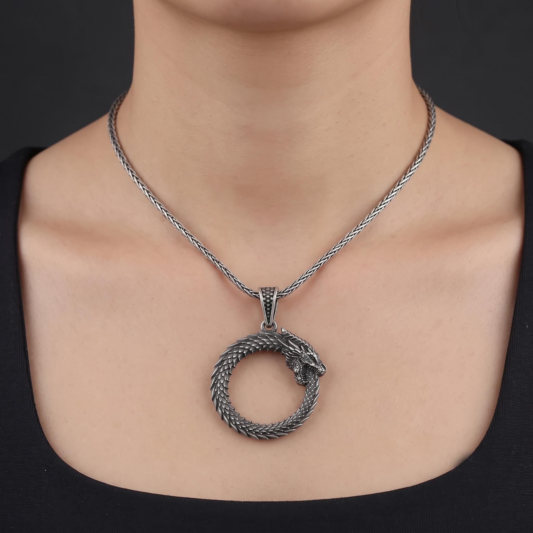 Sterling Silver Ouroboros Dragon Pendant, Gothic Viking Jewelry, Oxidized Finish