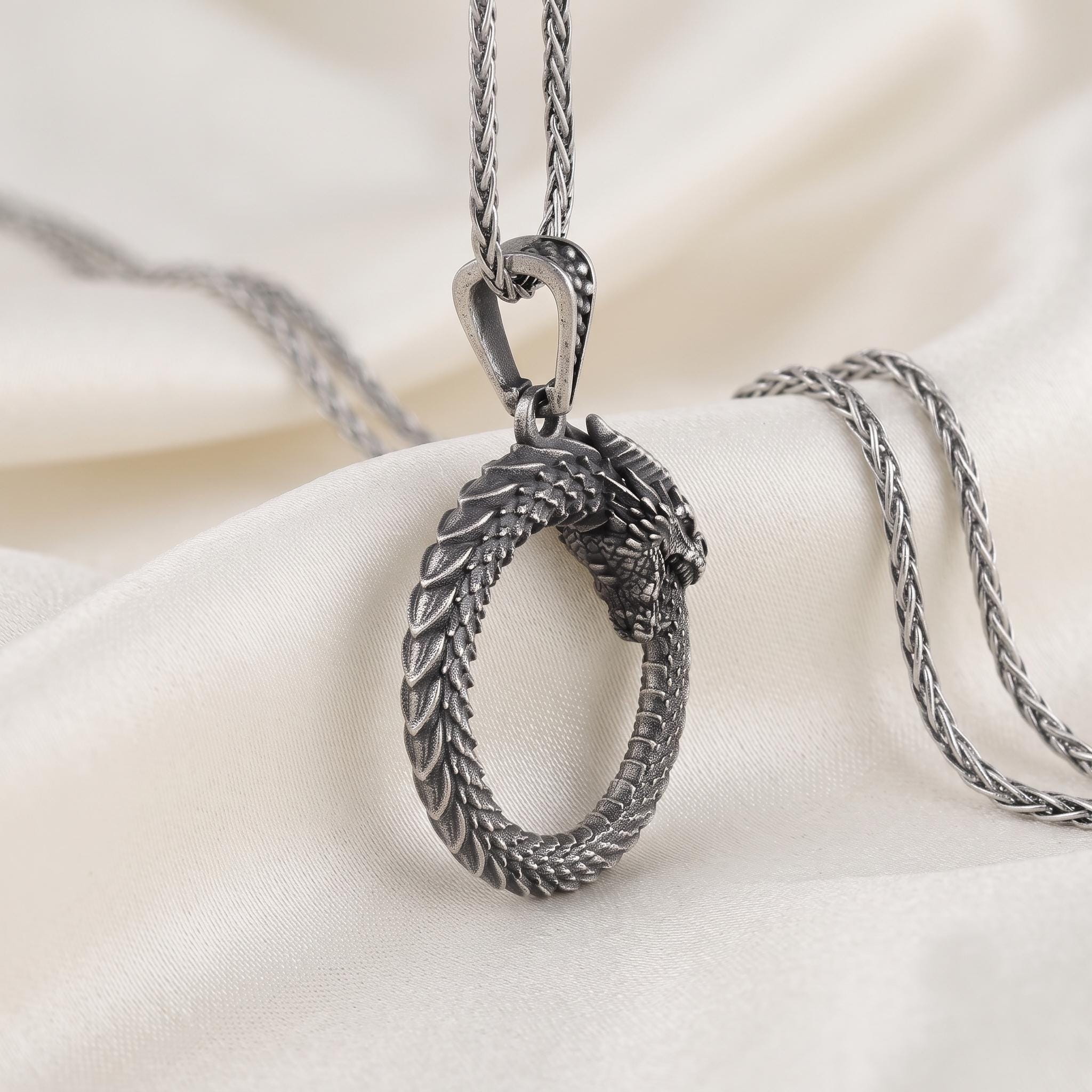 Sterling Silver Ouroboros Dragon Pendant, Gothic Viking Jewelry, Oxidized Finish