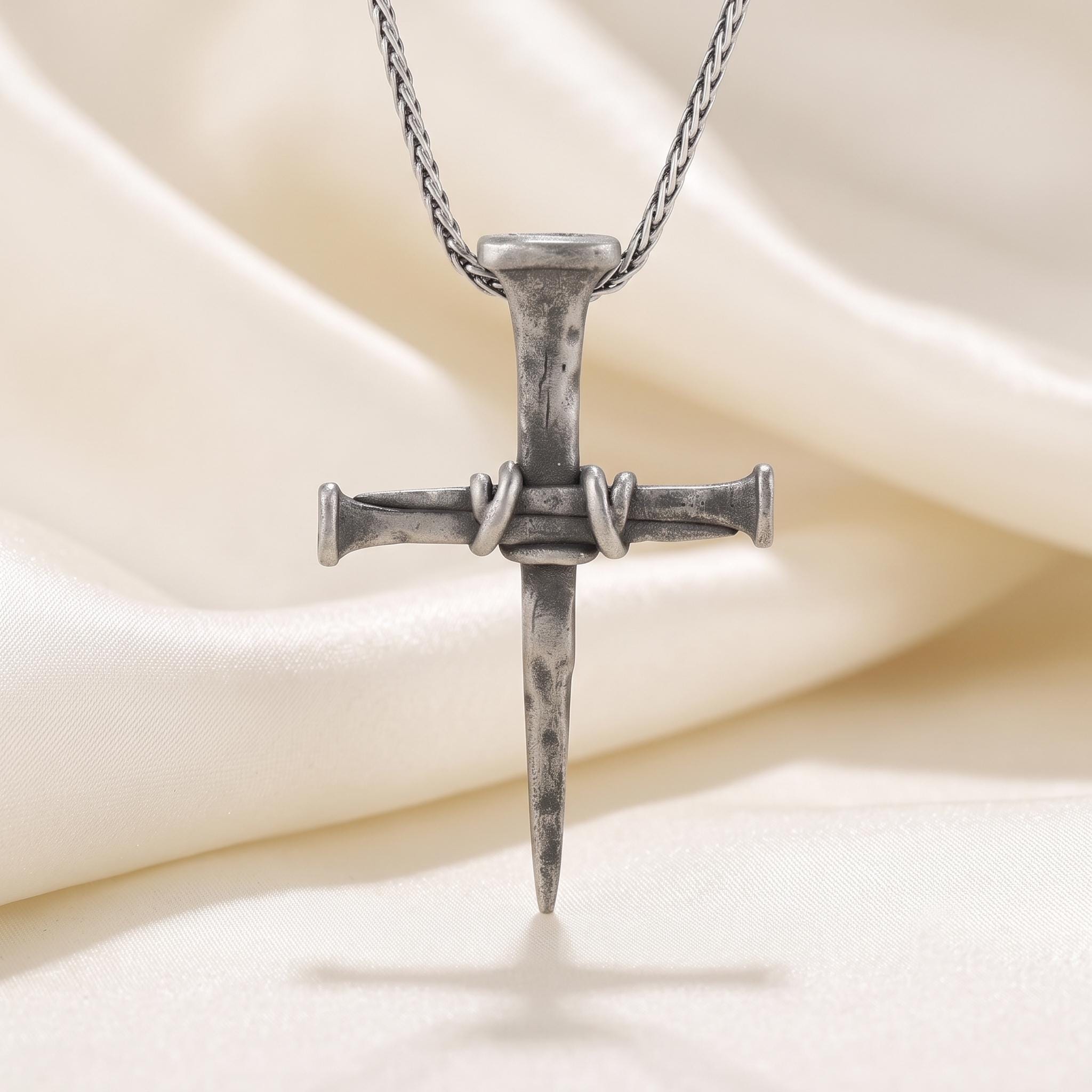 Handcrafted Sterling Silver Nail Cross Pendant, Rustic Gothic Religious Jewelry