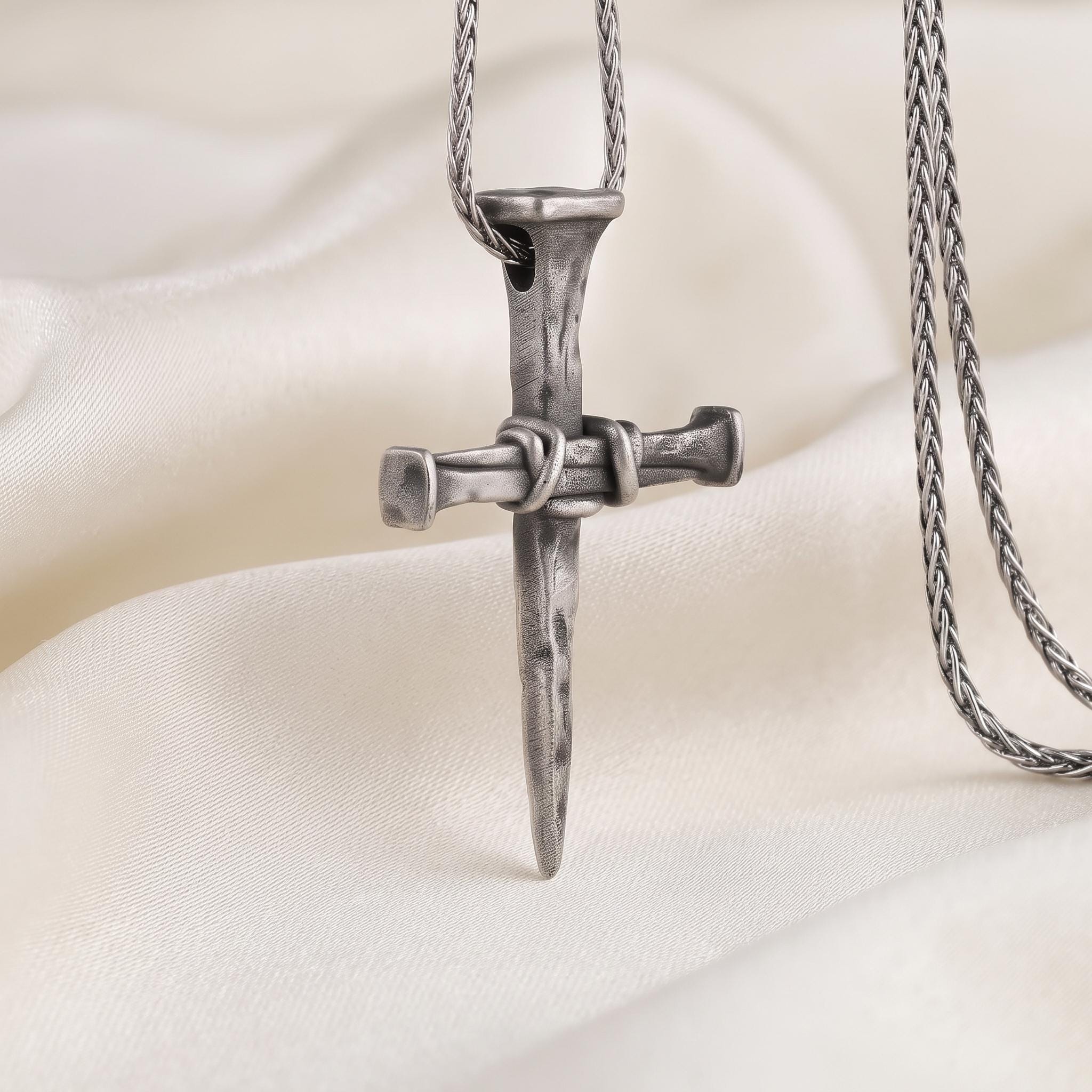Handcrafted Sterling Silver Nail Cross Pendant, Rustic Gothic Religious Jewelry