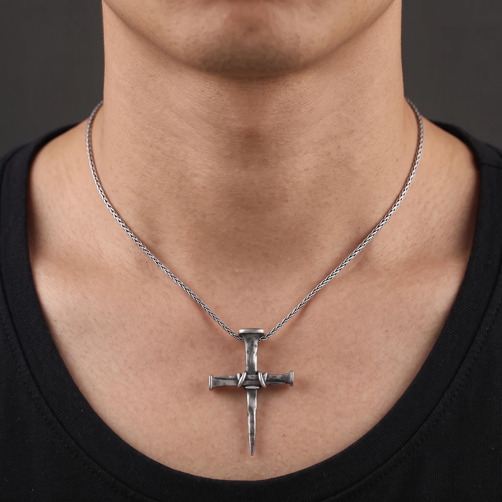 Handcrafted Sterling Silver Nail Cross Pendant, Rustic Gothic Religious Jewelry