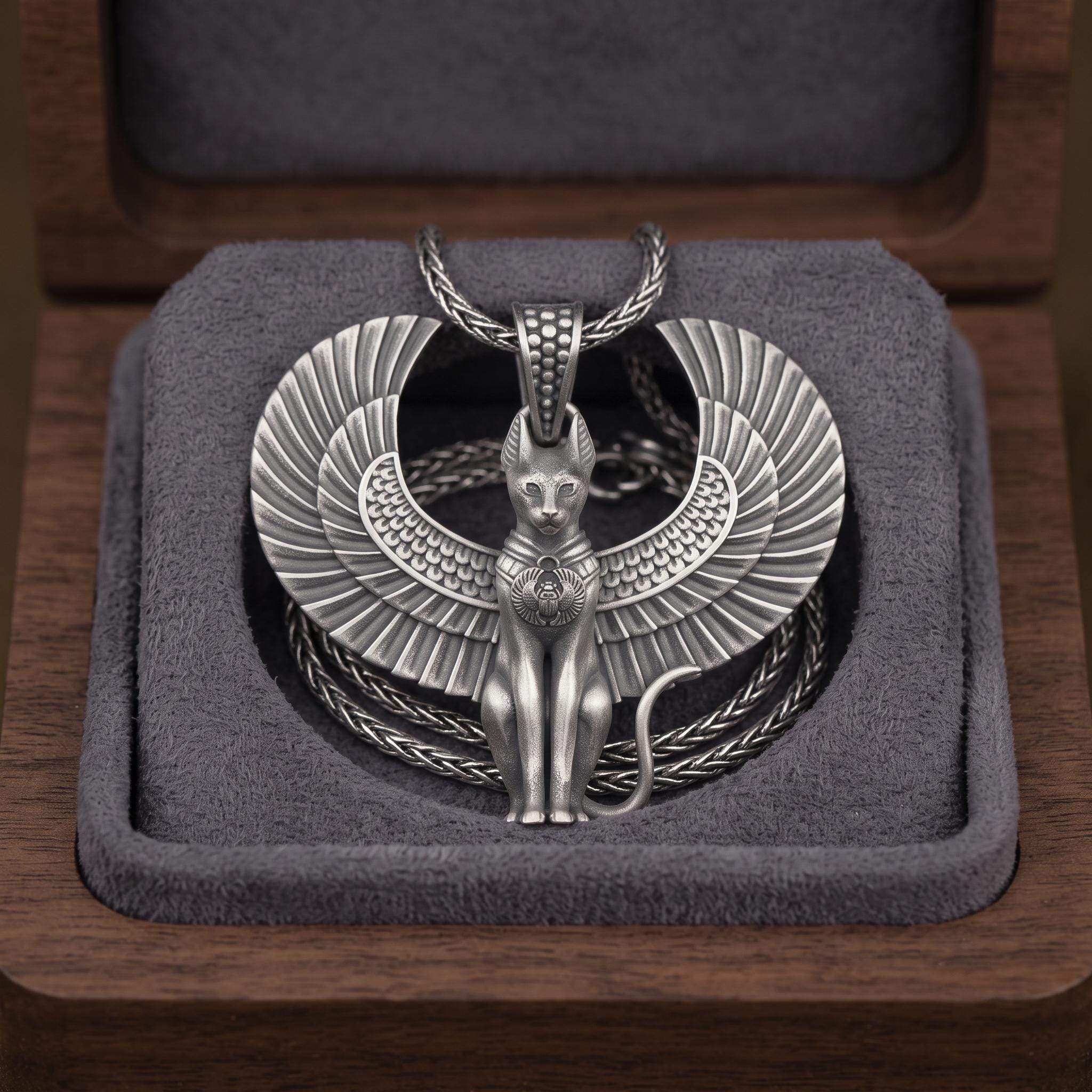 Sterling Silver Winged Bastet Cat Pendant, Oxidized Egyptian Goddess Jewelry