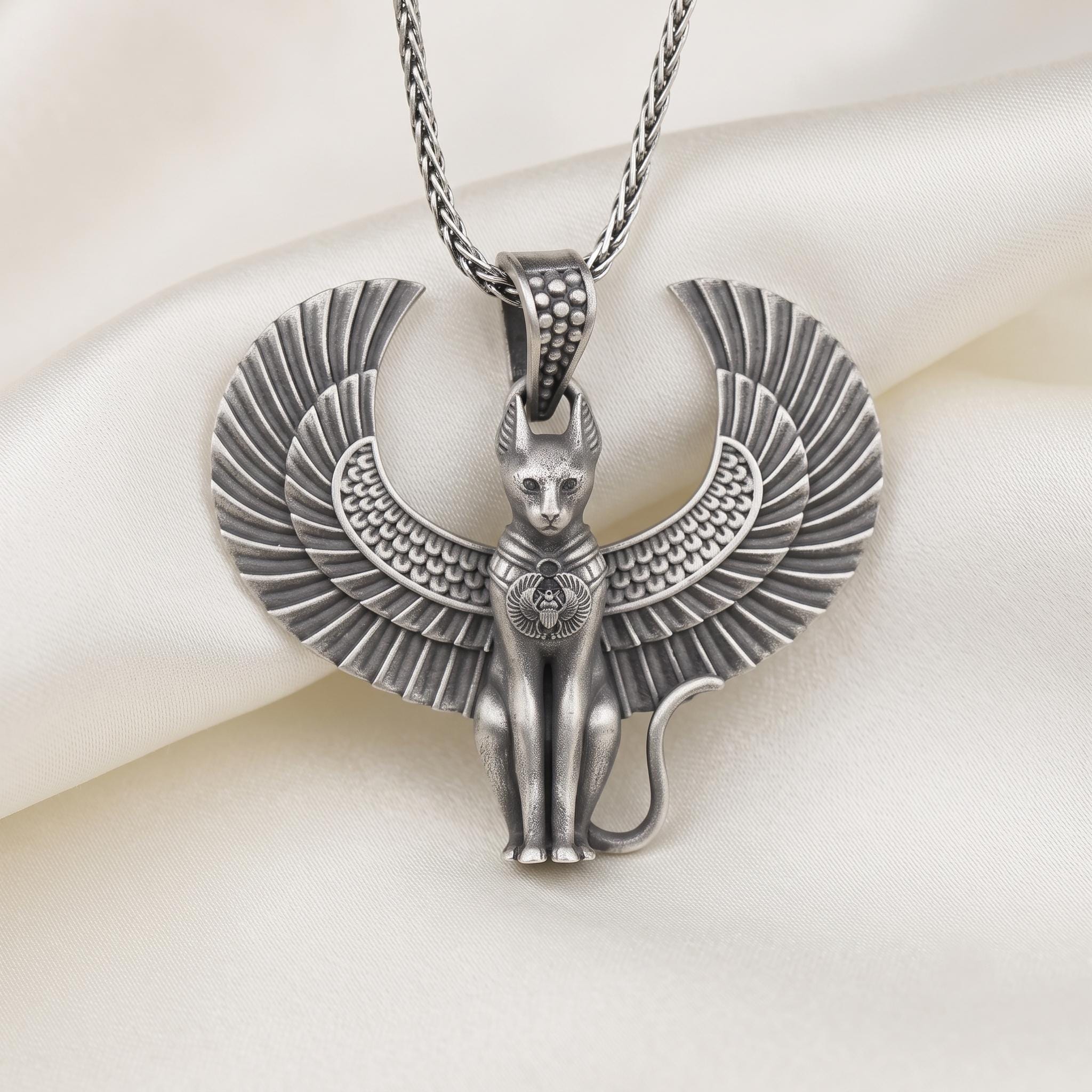 Sterling Silver Winged Bastet Cat Pendant, Oxidized Egyptian Goddess Jewelry