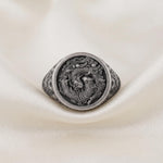Oxidized Sterling Silver Dragon Phoenix Signet Ring, Yin Yang Mythical Creatures, Gothic Statement Band