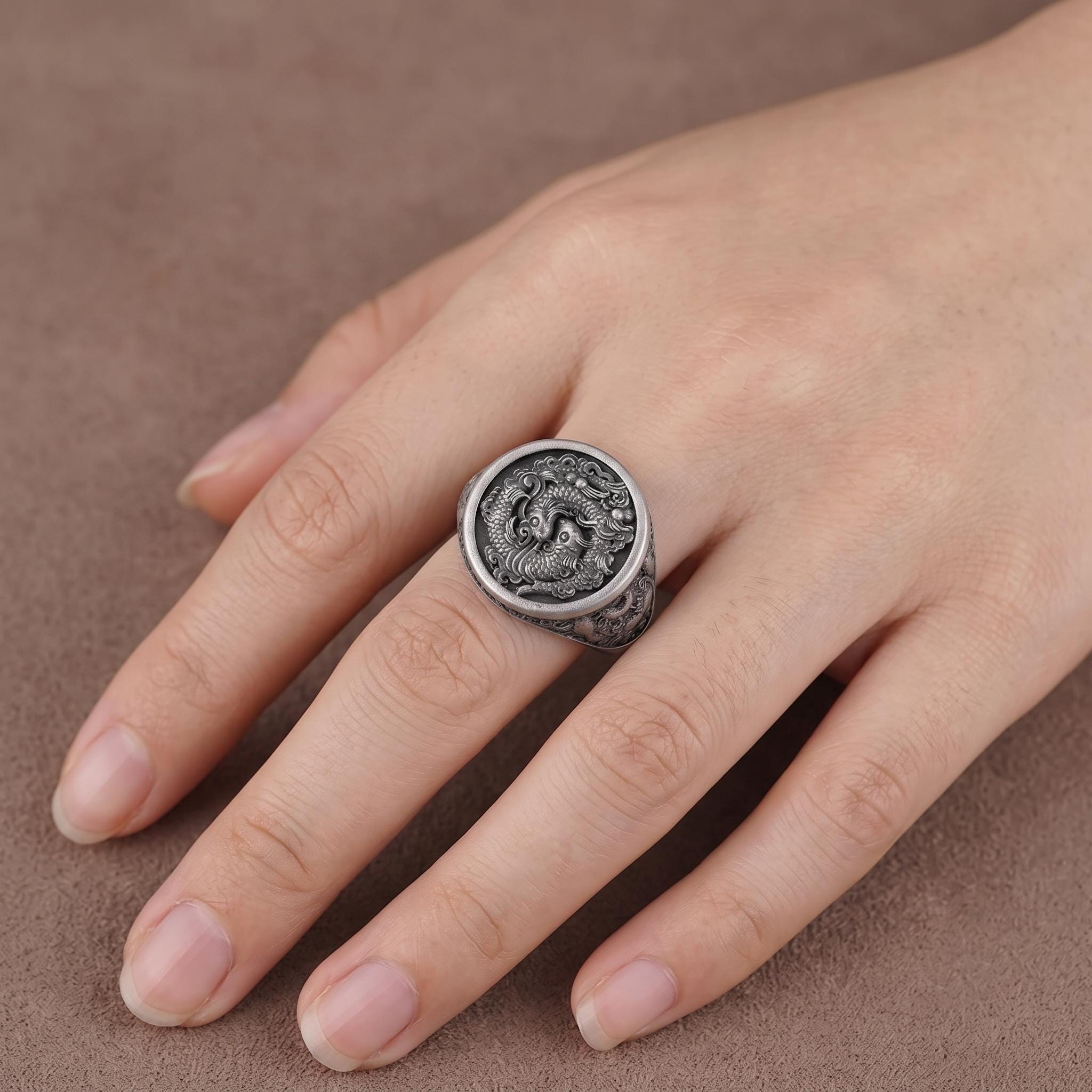 Oxidized Sterling Silver Dragon Phoenix Signet Ring, Yin Yang Mythical Creatures, Gothic Statement Band