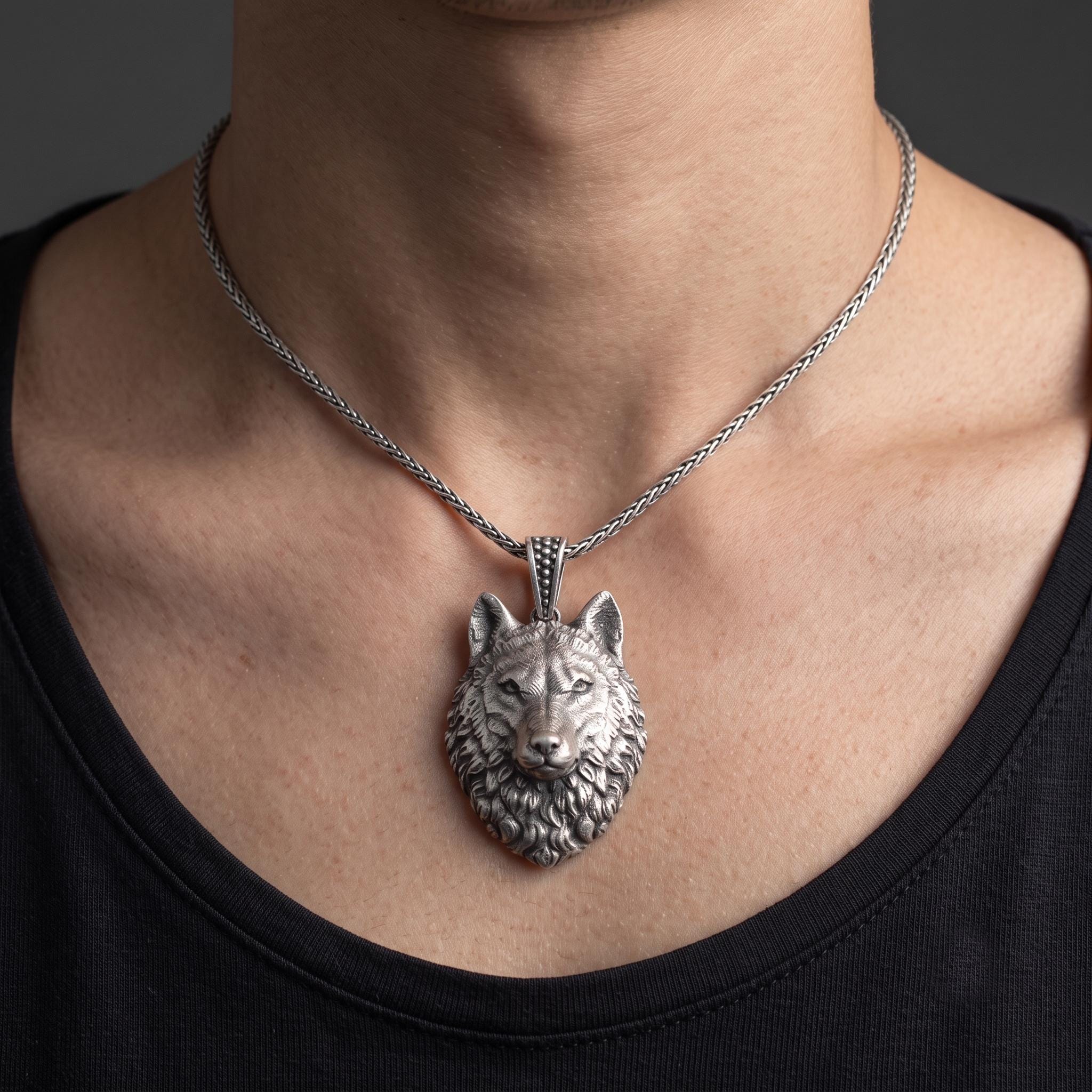 Sterling Silver Wolf Head Pendant, Norse Viking Jewelry, Gothic Animal Totem Necklace
