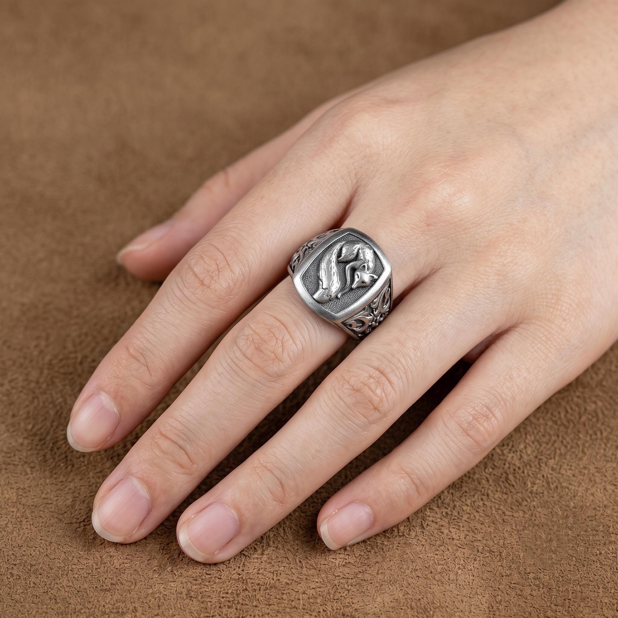 Handmade Sterling Silver Oxidized Fox Signet Ring, Gothic Nordic Wildlife Jewelry