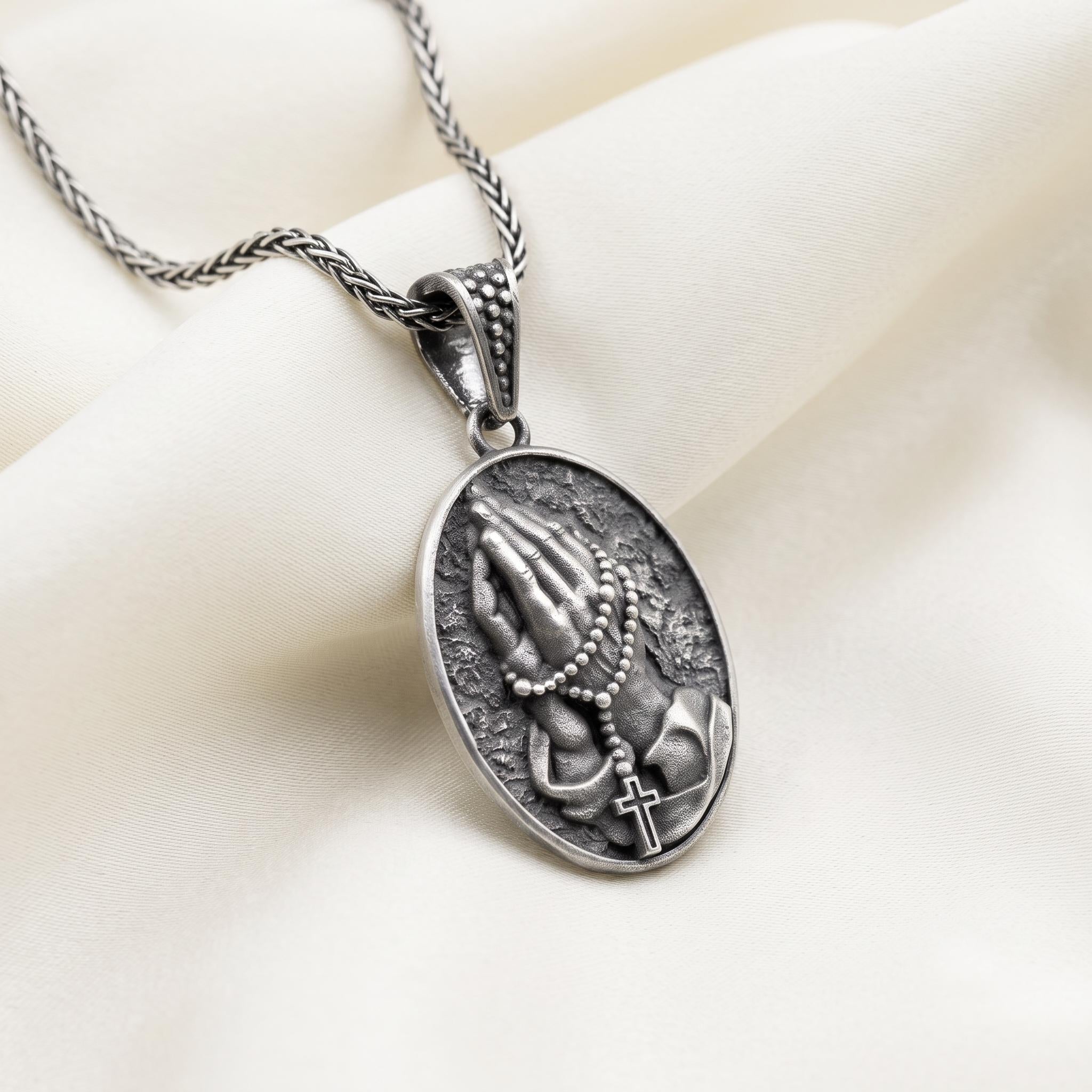 Oxidized Sterling Silver Praying Hands Rosary Pendant Necklace, Christian Faith Jewelry