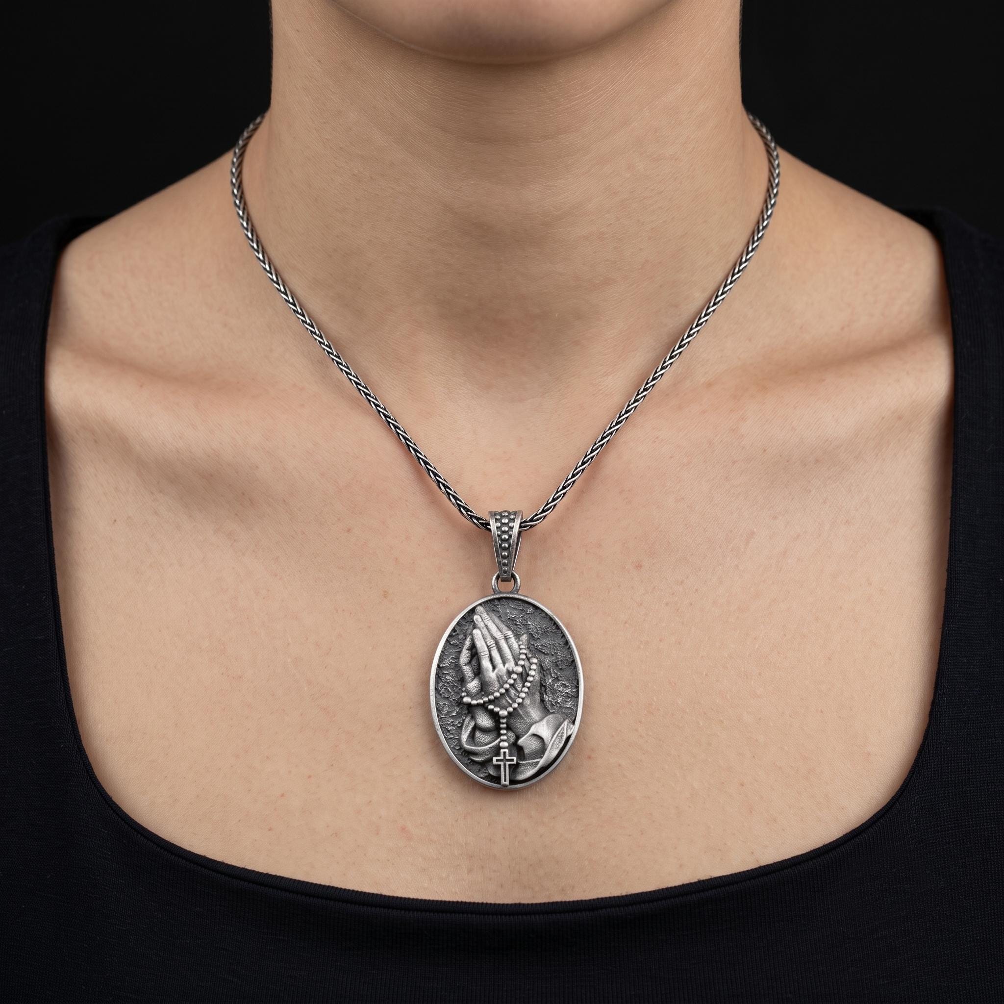 Oxidized Sterling Silver Praying Hands Rosary Pendant Necklace, Christian Faith Jewelry
