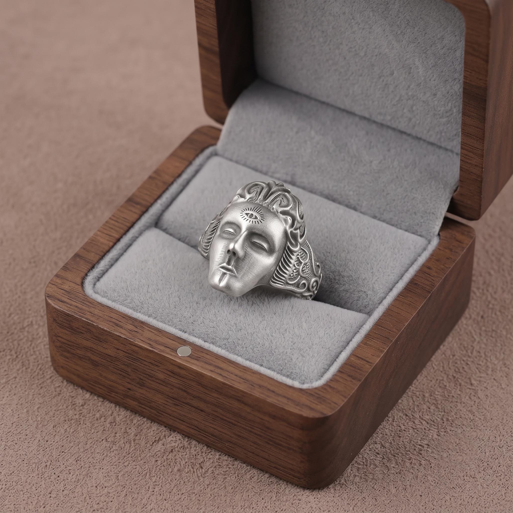 Sterling Silver Third Eye Face Ring, Gothic Spiritual Statement Jewelry