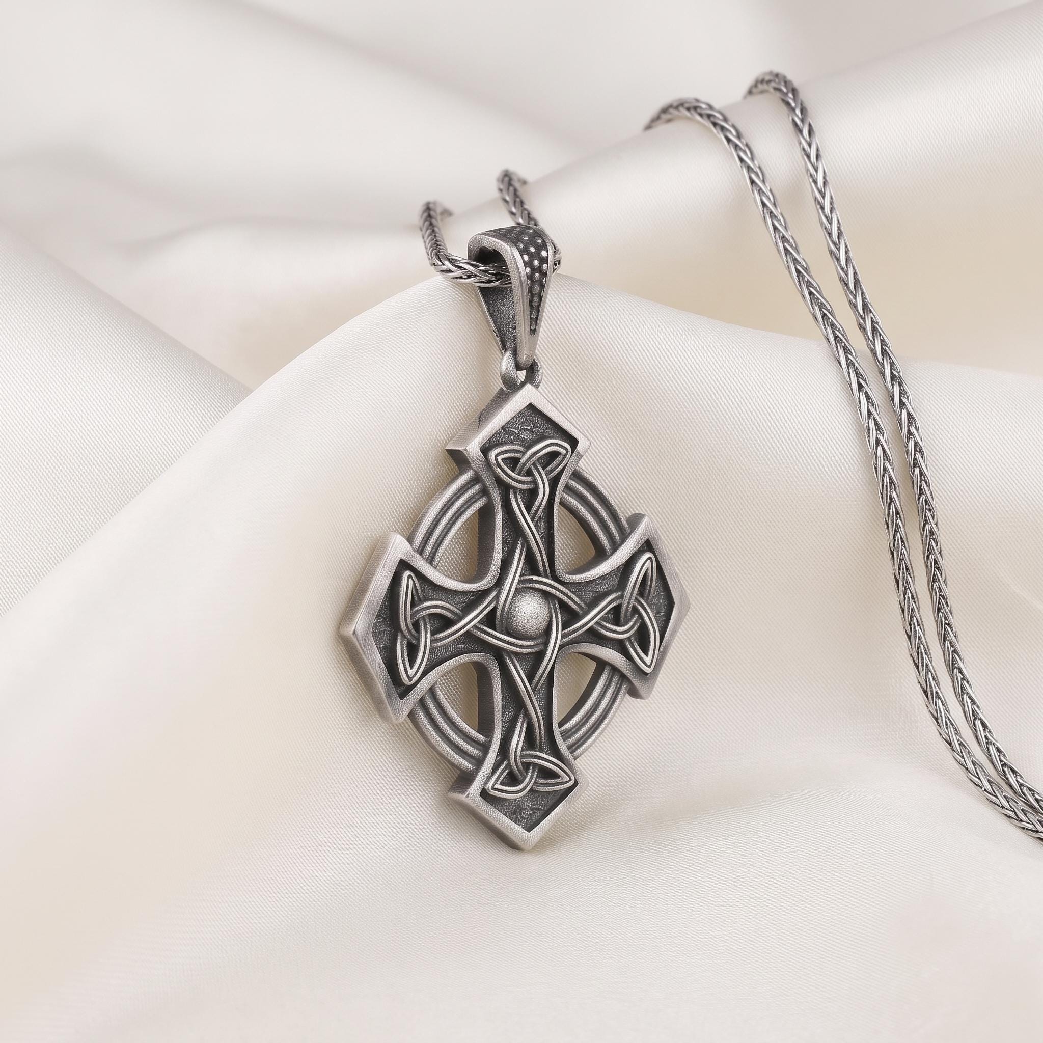 Sterling Silver Celtic Cross Pendant, Irish Knotwork, Oxidized Finish, Men's Amulet Necklace