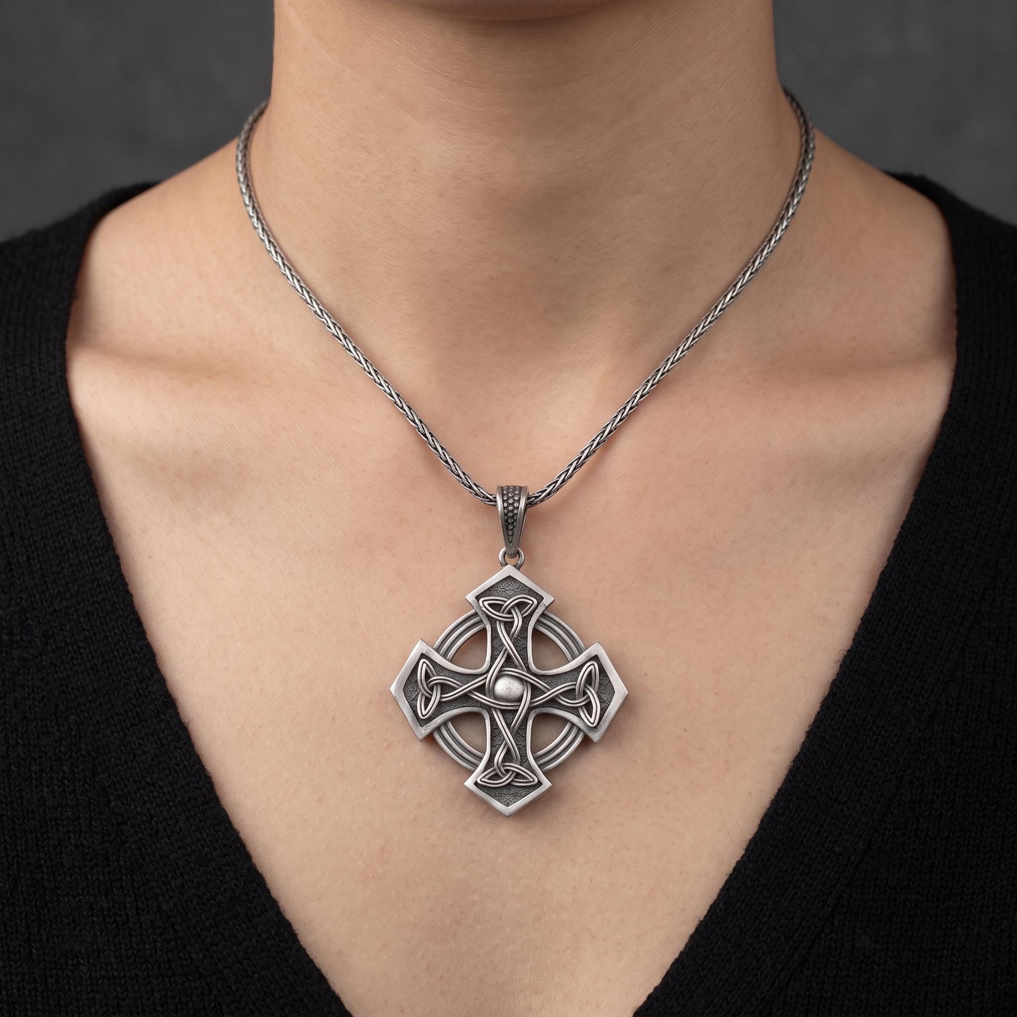 Sterling Silver Celtic Cross Pendant, Irish Knotwork, Oxidized Finish, Men's Amulet Necklace