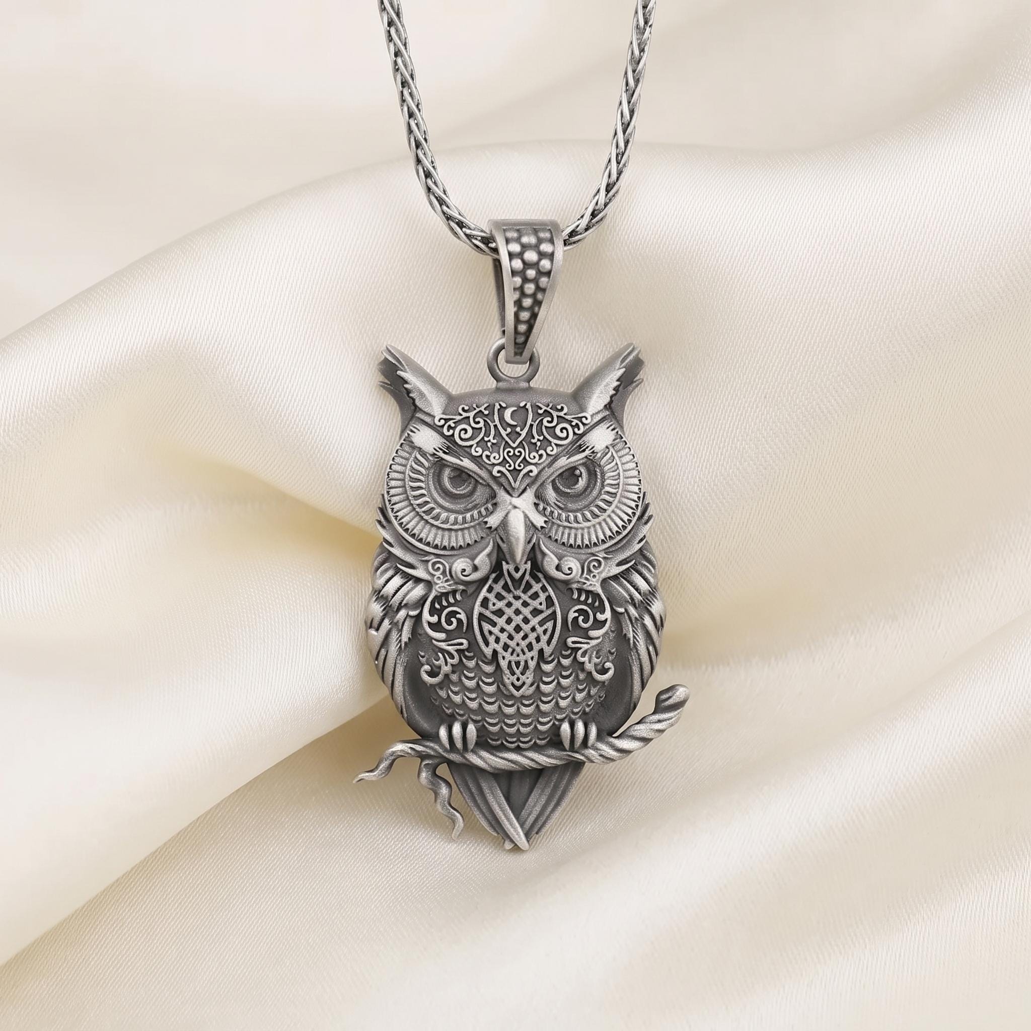 Oxidized Sterling Silver Owl Pendant Necklace, Gothic Wicca Talisman Jewelry
