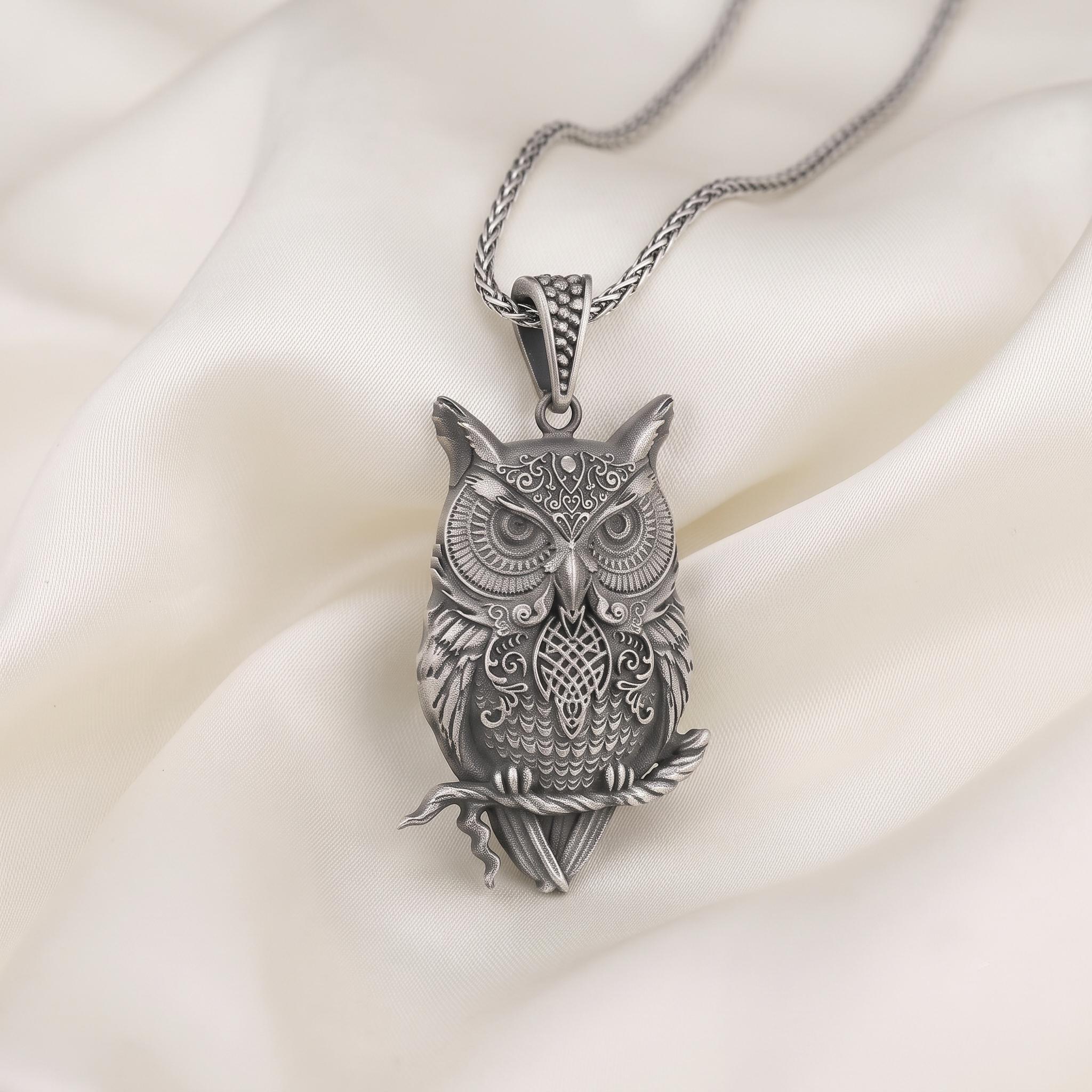 Oxidized Sterling Silver Owl Pendant Necklace, Gothic Wicca Talisman Jewelry