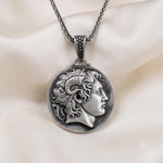 Sterling Silver Alexander the Great Coin Pendant, Zeus-Ammon Profile, Oxidized Finish