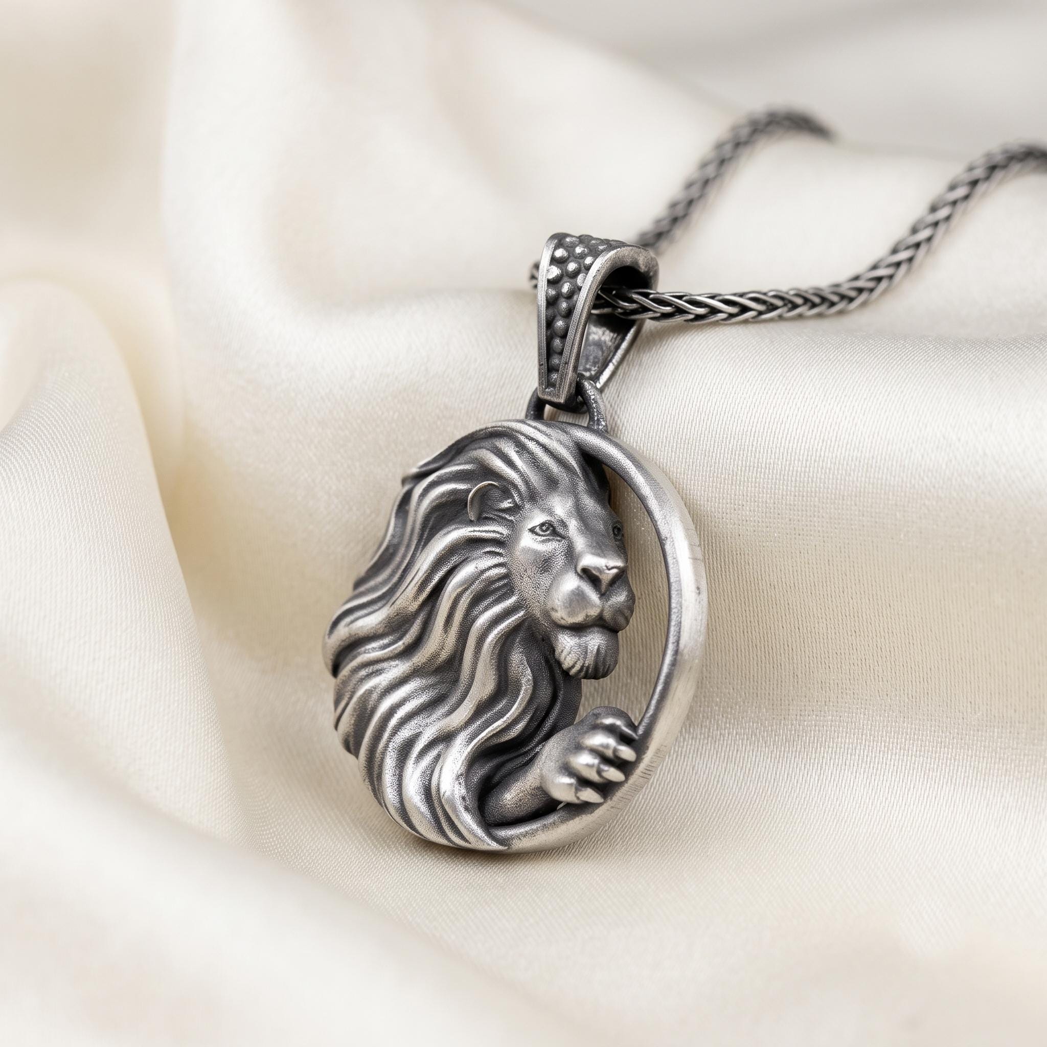 Handmade Sterling Silver Lion Pendant Necklace, Oxidized King Leo Charm
