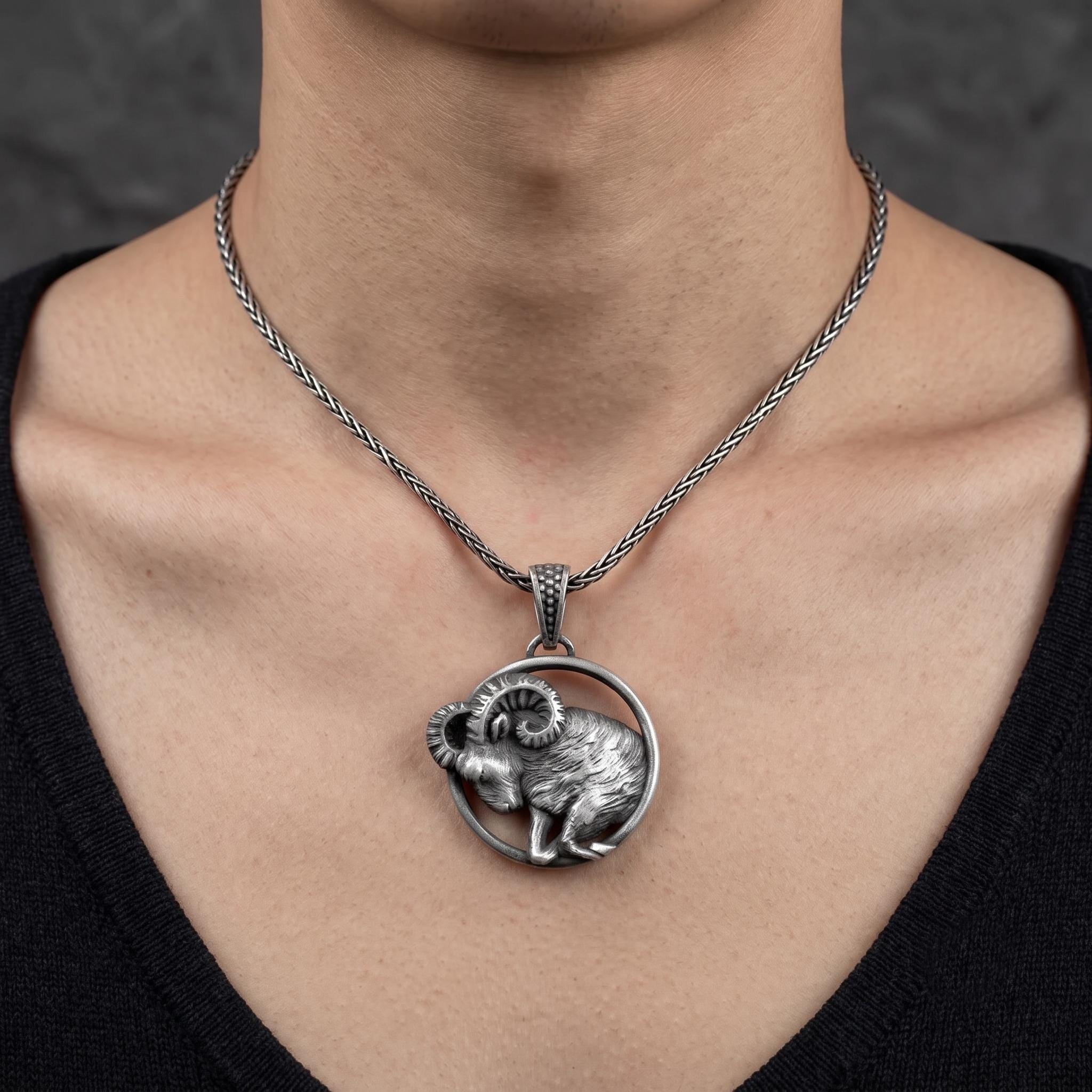 Sterling Silver Aries Ram Pendant, Oxidized Zodiac Necklace, Astrology Gift