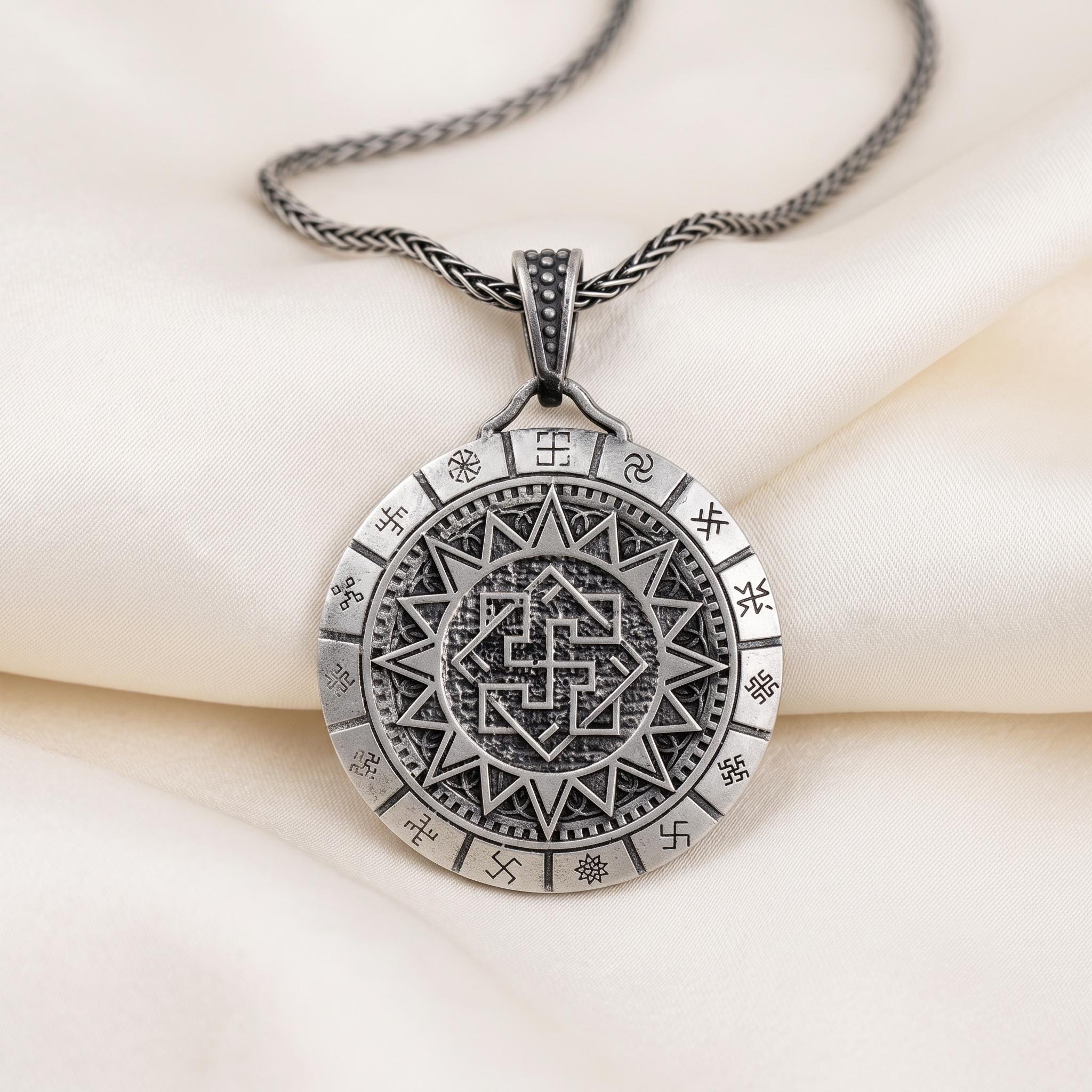 Sterling Silver Kolovrat Sun Cross Pendant, Slavic Viking Talisman Necklace, Oxidized Finish