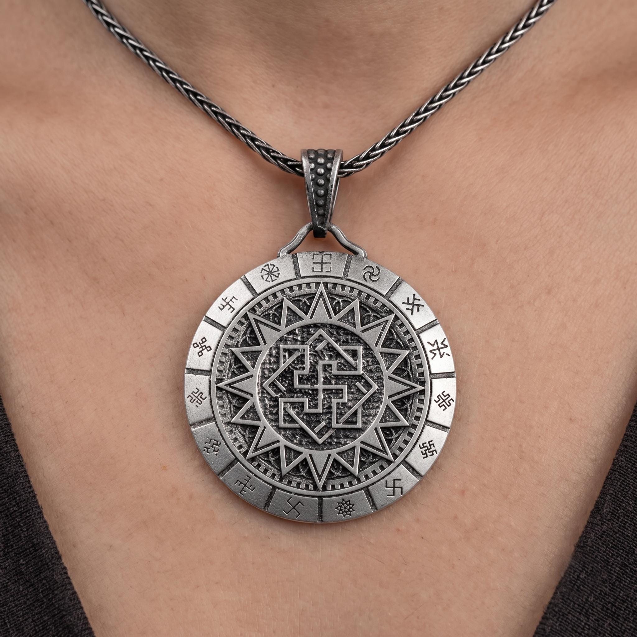 Sterling Silver Kolovrat Sun Cross Pendant, Slavic Viking Talisman Necklace, Oxidized Finish