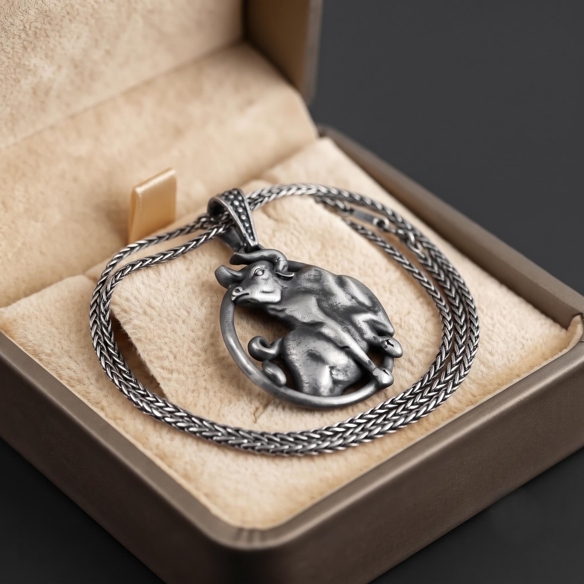 Sterling Silver Taurus Bull Pendant Necklace, Oxidized Zodiac Charm, Astrology Gift
