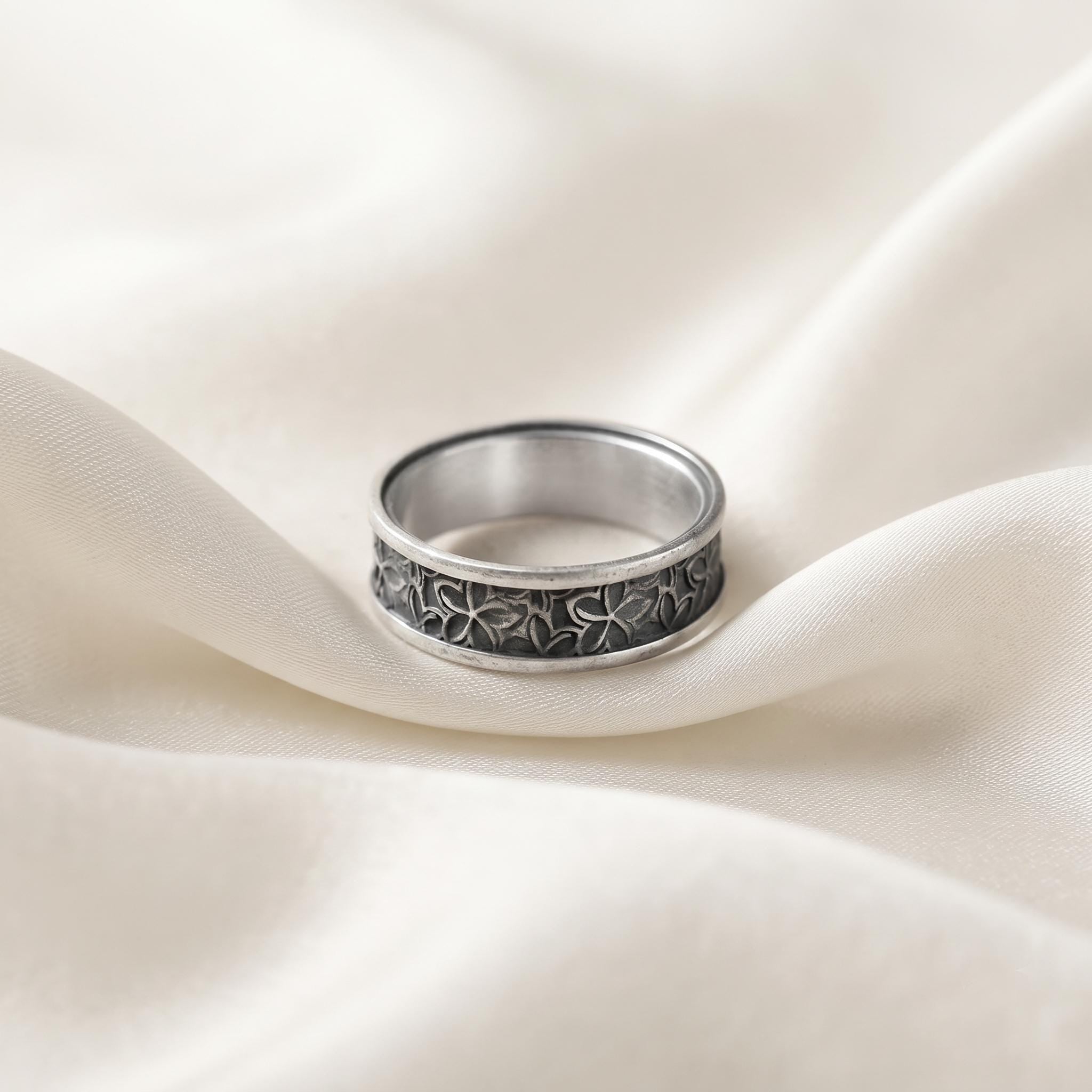 Oxidized Sterling Silver Floral Band Ring, Botanical Engraved, Unisex Statement Jewelry