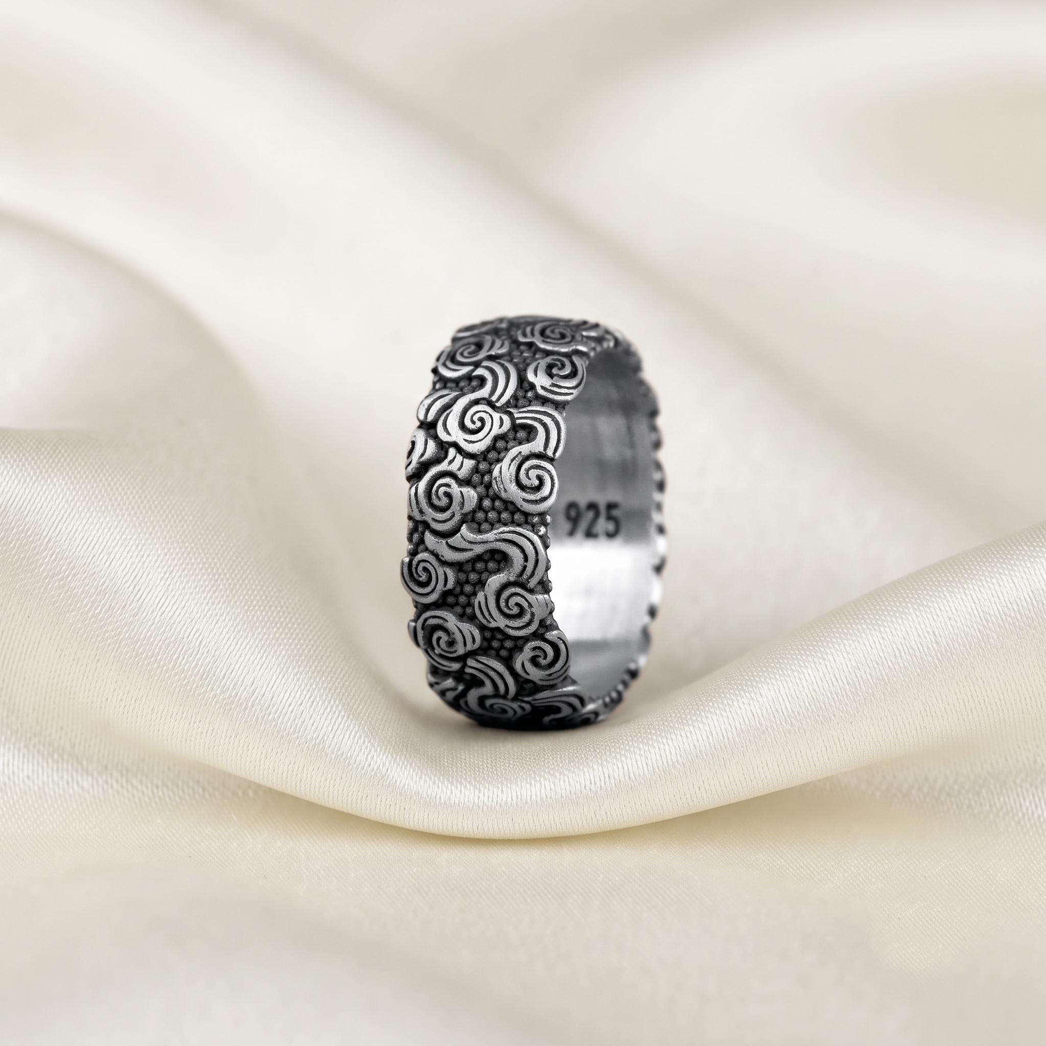 Vintage Sterling Silver Cloud Ring, Oxidized Auspicious Pattern, Unisex Statement Jewelry