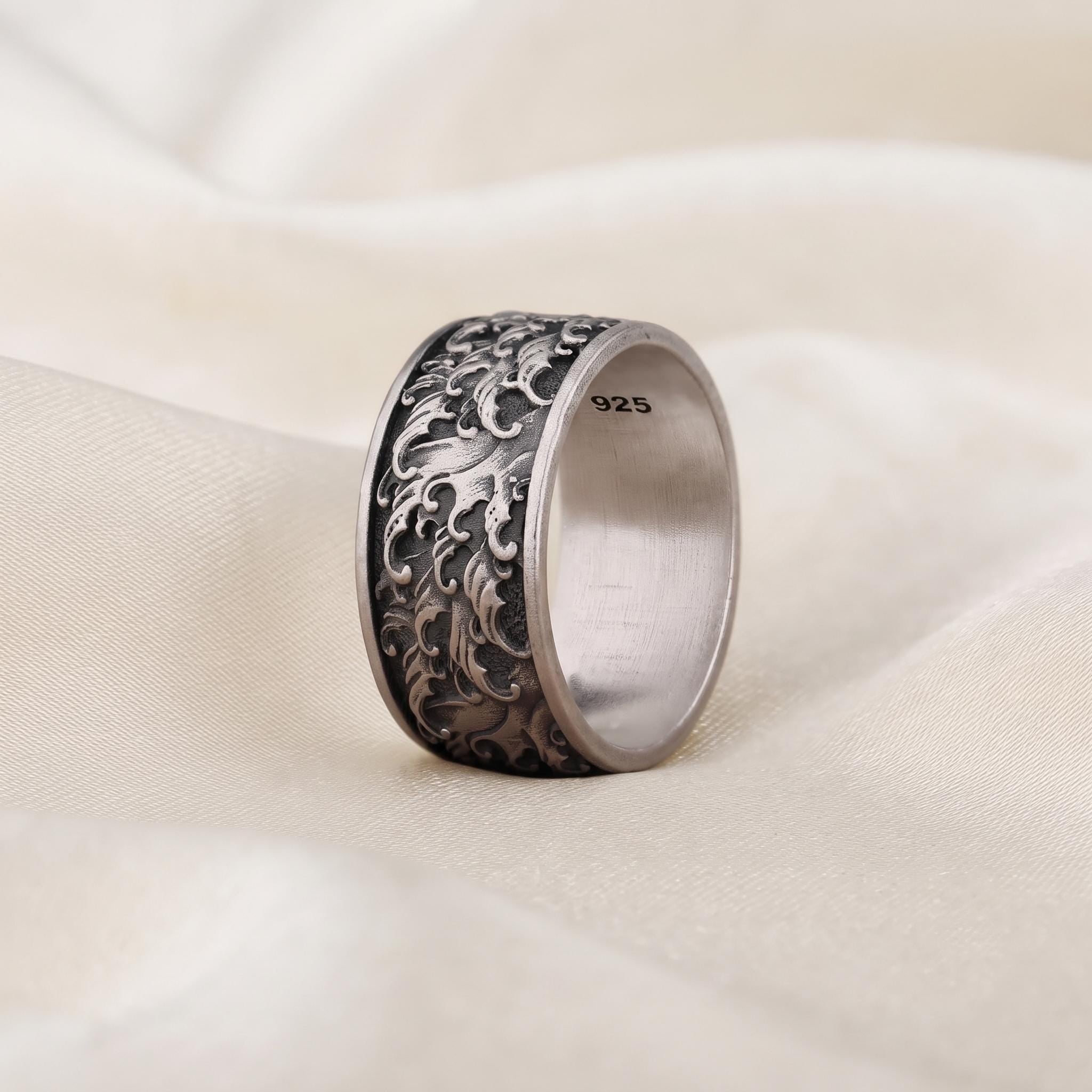 Handmade Sterling Silver Ocean Wave Ring, Oxidized Surf Jewelry, Comfort Fit Band