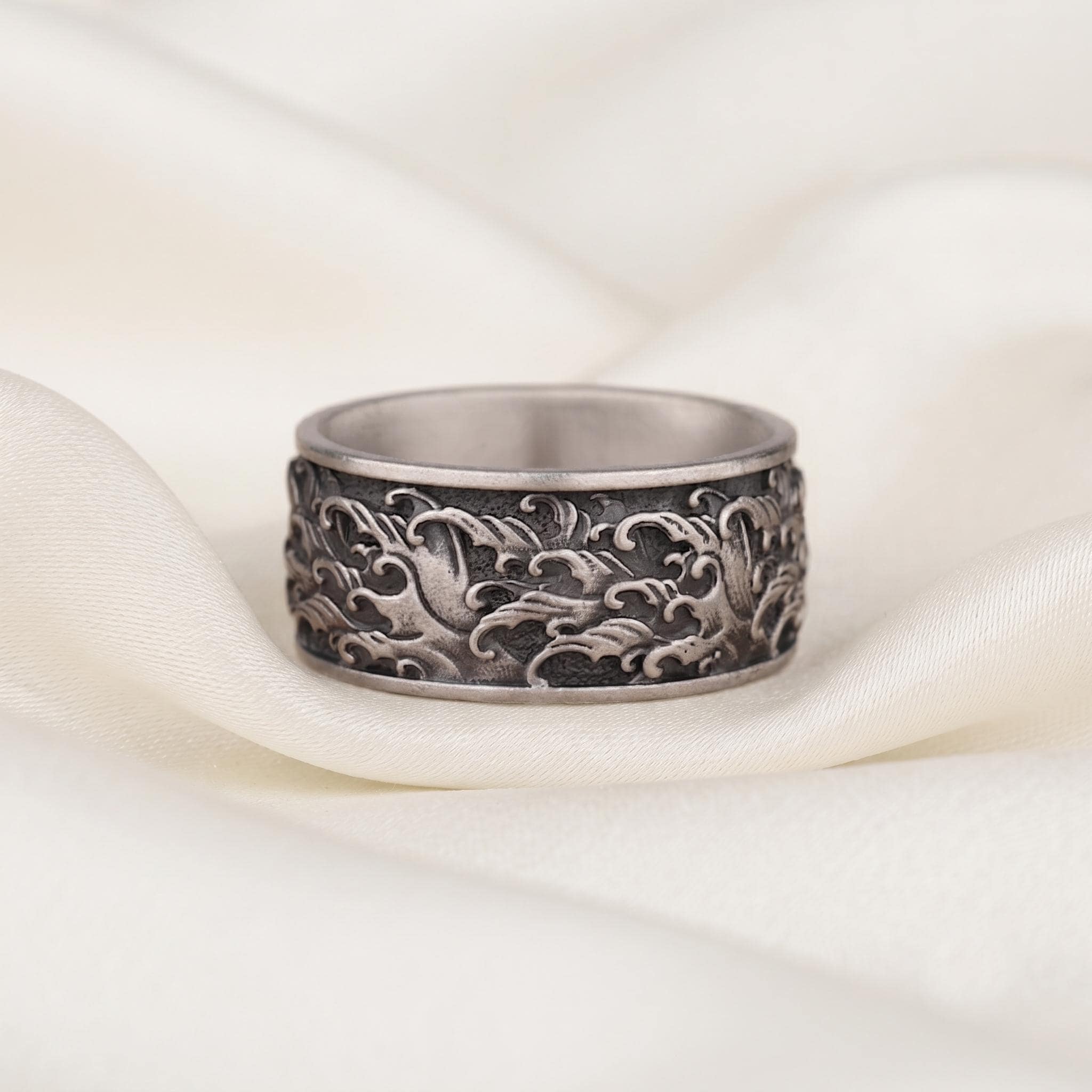 Handmade Sterling Silver Ocean Wave Ring, Oxidized Surf Jewelry, Comfort Fit Band