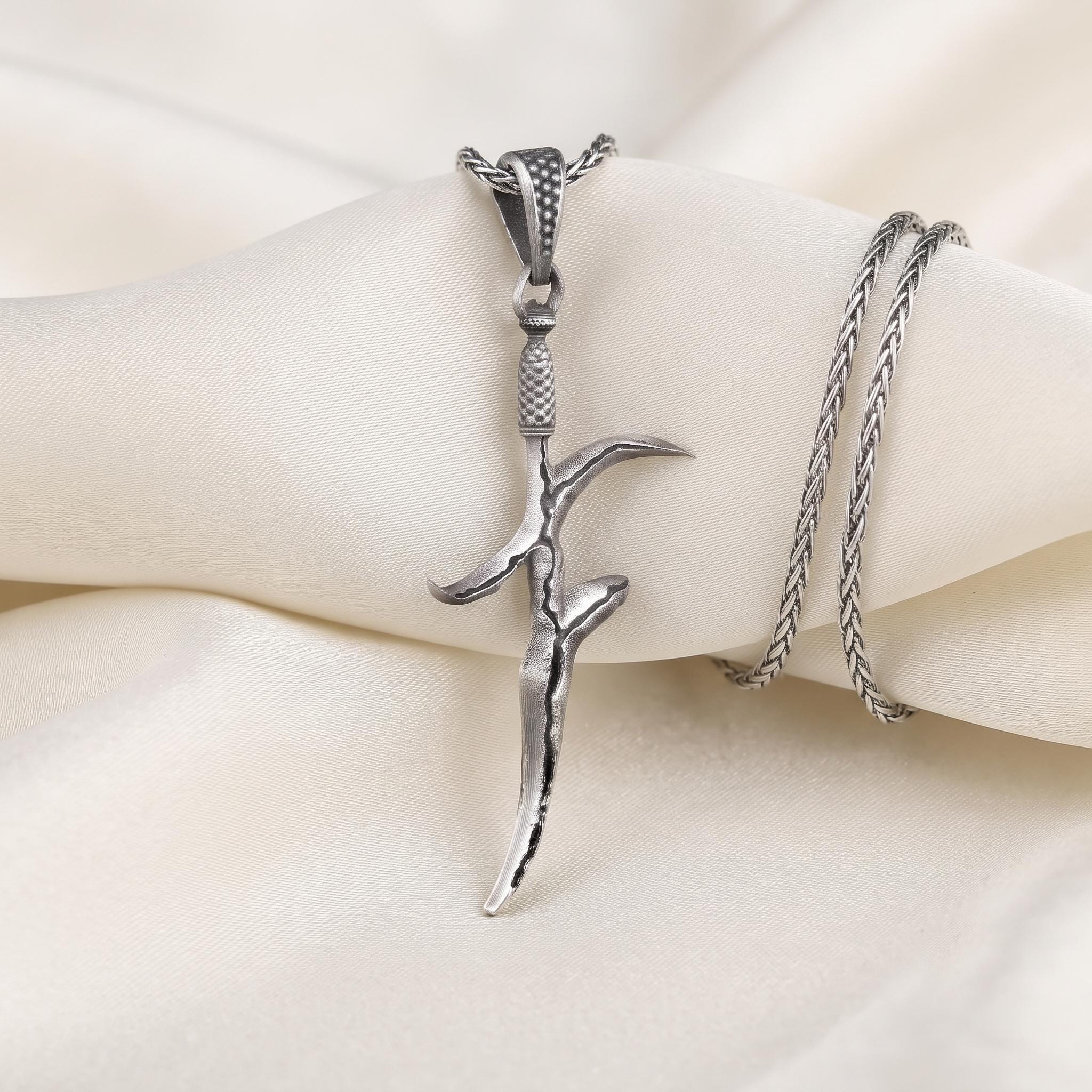 Gothic Dagger Pendant, Oxidized Silver Sword Necklace, Mens Fantasy Knife Jewelry, Alternative Rocker Talisman, Medieval Weapon Charm