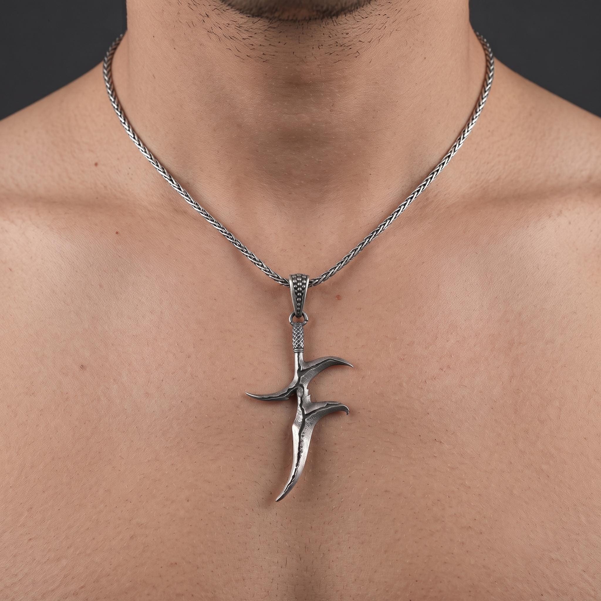 Gothic Dagger Pendant, Oxidized Silver Sword Necklace, Mens Fantasy Knife Jewelry, Alternative Rocker Talisman, Medieval Weapon Charm