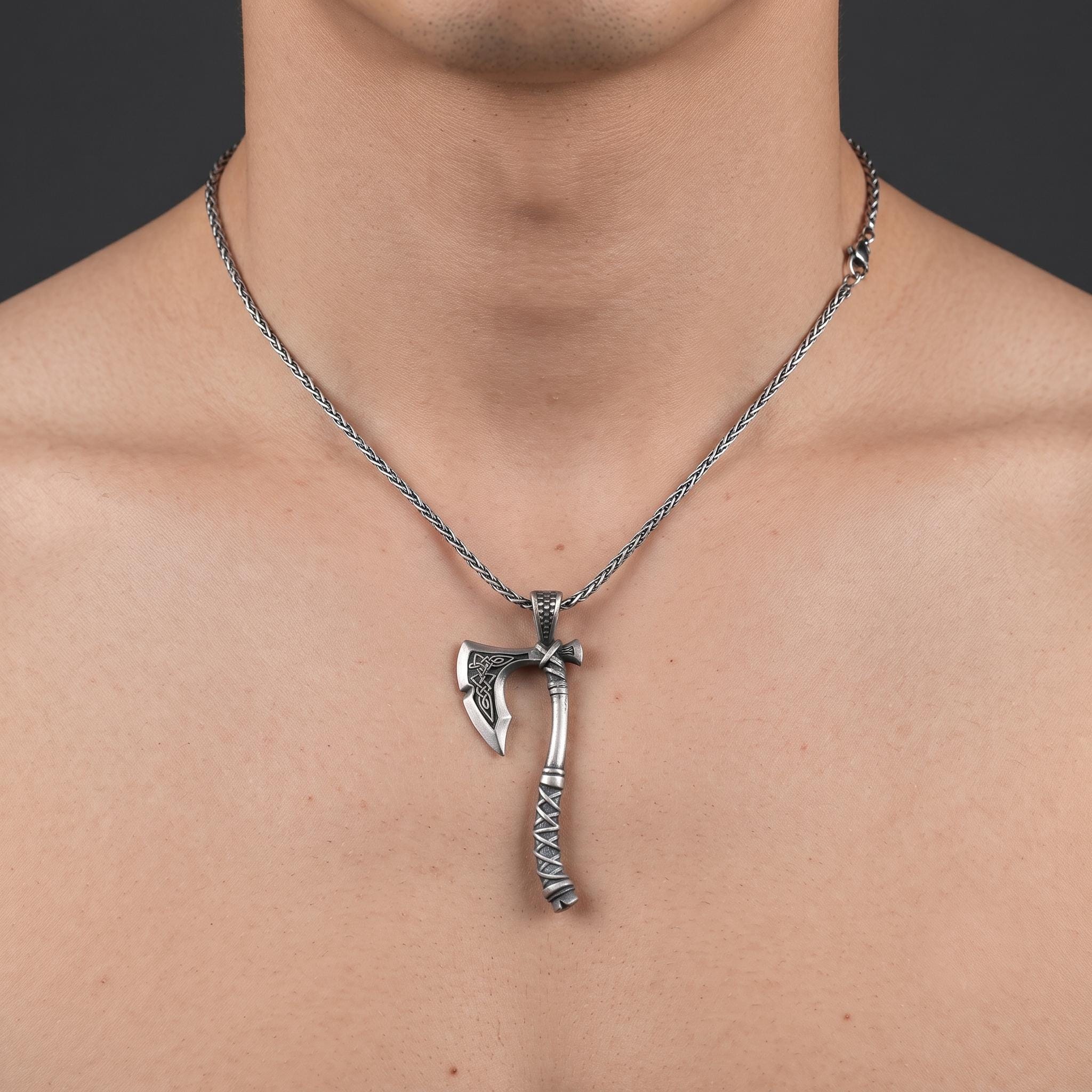Sterling Silver Viking Axe Pendant, Celtic Knotwork, Norse Warrior Necklace