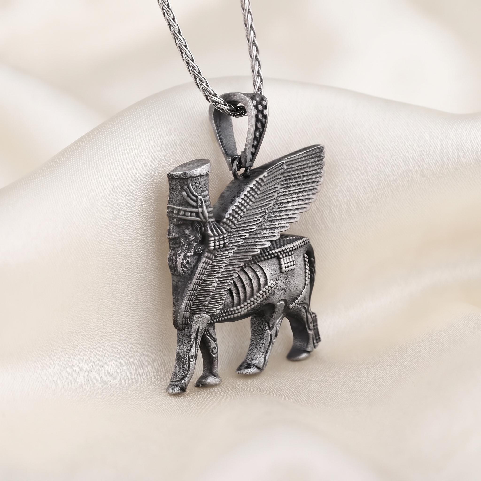 Sterling Silver Lamassu Pendant, Assyrian Mythology Winged Bull Necklace, Oxidized Finish