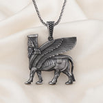 Sterling Silver Lamassu Pendant, Assyrian Mythology Winged Bull Necklace, Oxidized Finish
