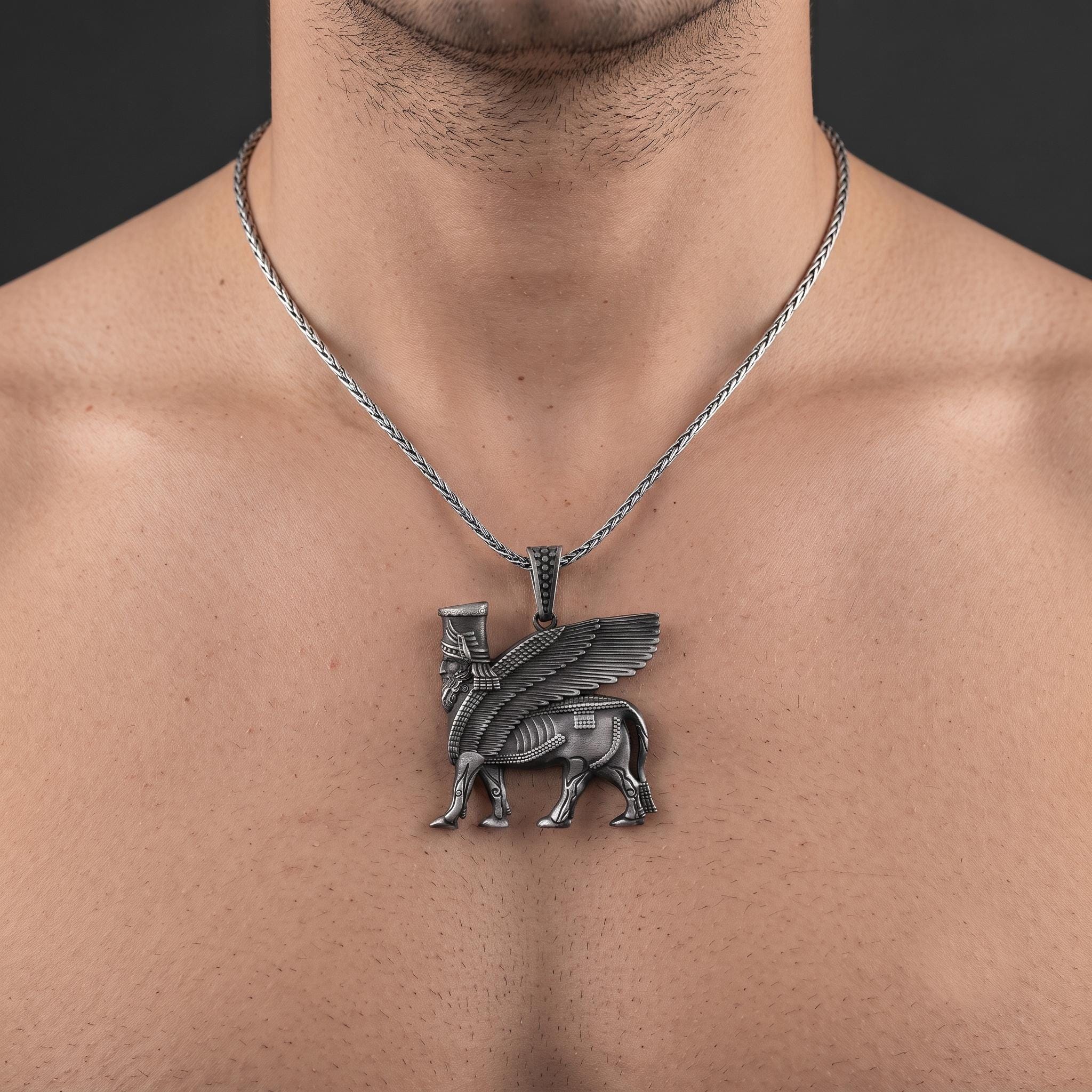 Sterling Silver Lamassu Pendant, Assyrian Mythology Winged Bull Necklace, Oxidized Finish