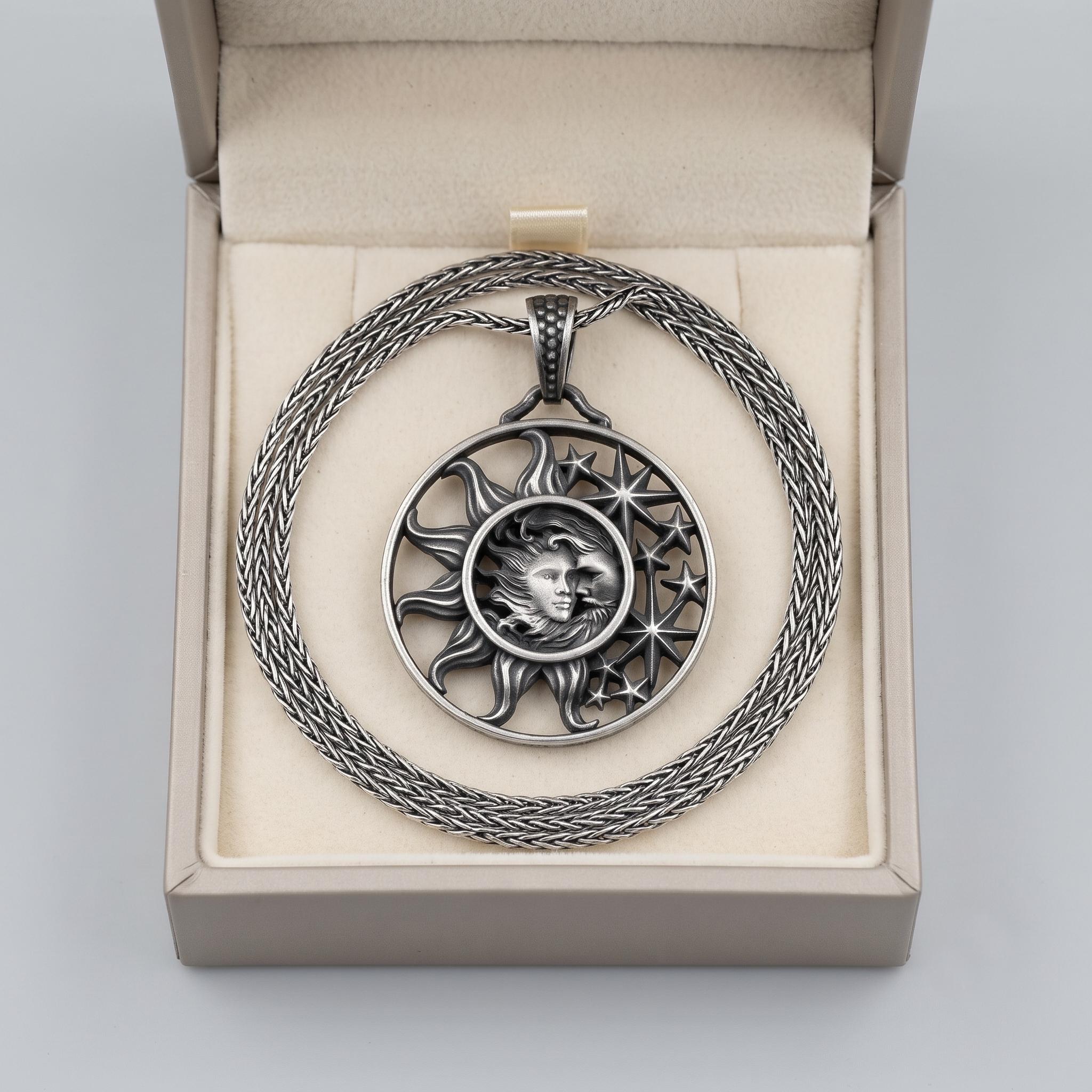 Sterling Silver Sun Moon Pendant Necklace, Oxidized Celestial Jewelry, Gothic Amethyst Star Design