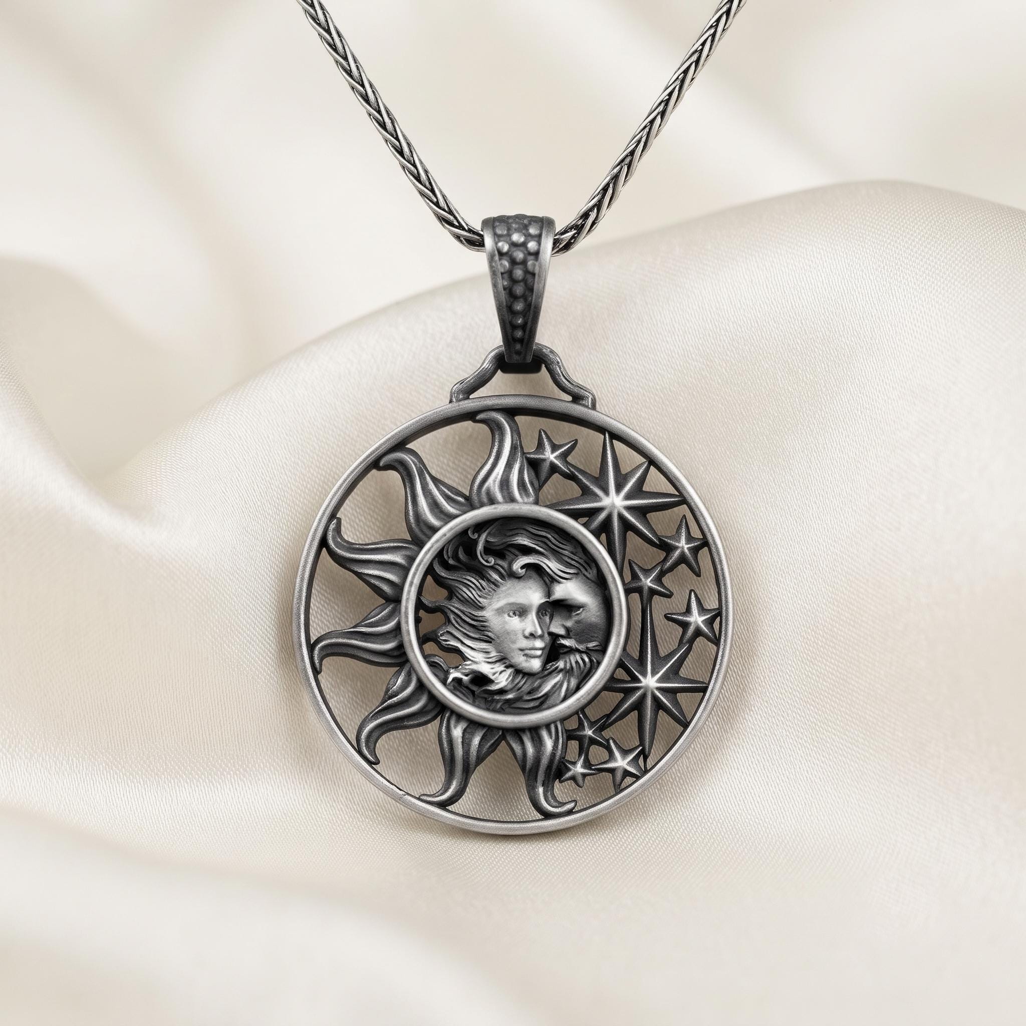 Sterling Silver Sun Moon Pendant Necklace, Oxidized Celestial Jewelry, Gothic Amethyst Star Design