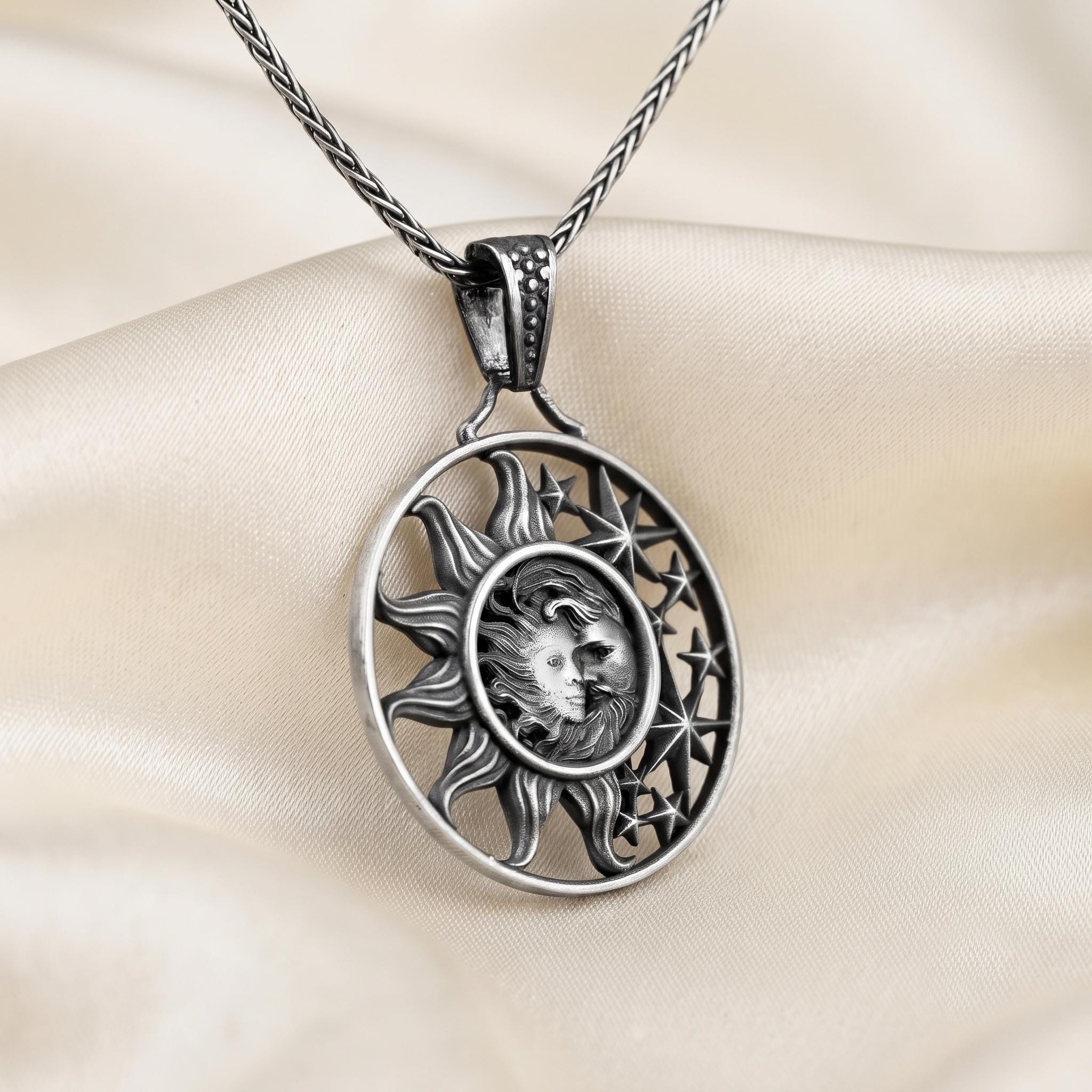 Sterling Silver Sun Moon Pendant Necklace, Oxidized Celestial Jewelry, Gothic Amethyst Star Design