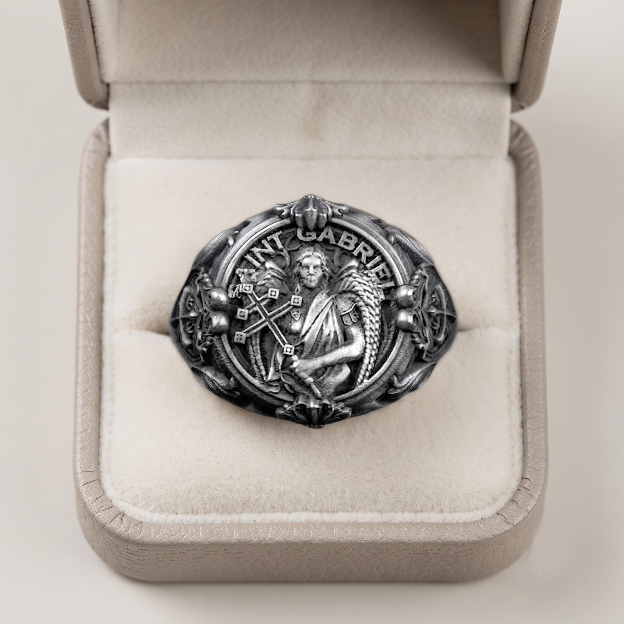 Vintage Sterling Silver Archangel Michael Signet Ring, Gothic Religious Jewelry, Crusader Shield Design