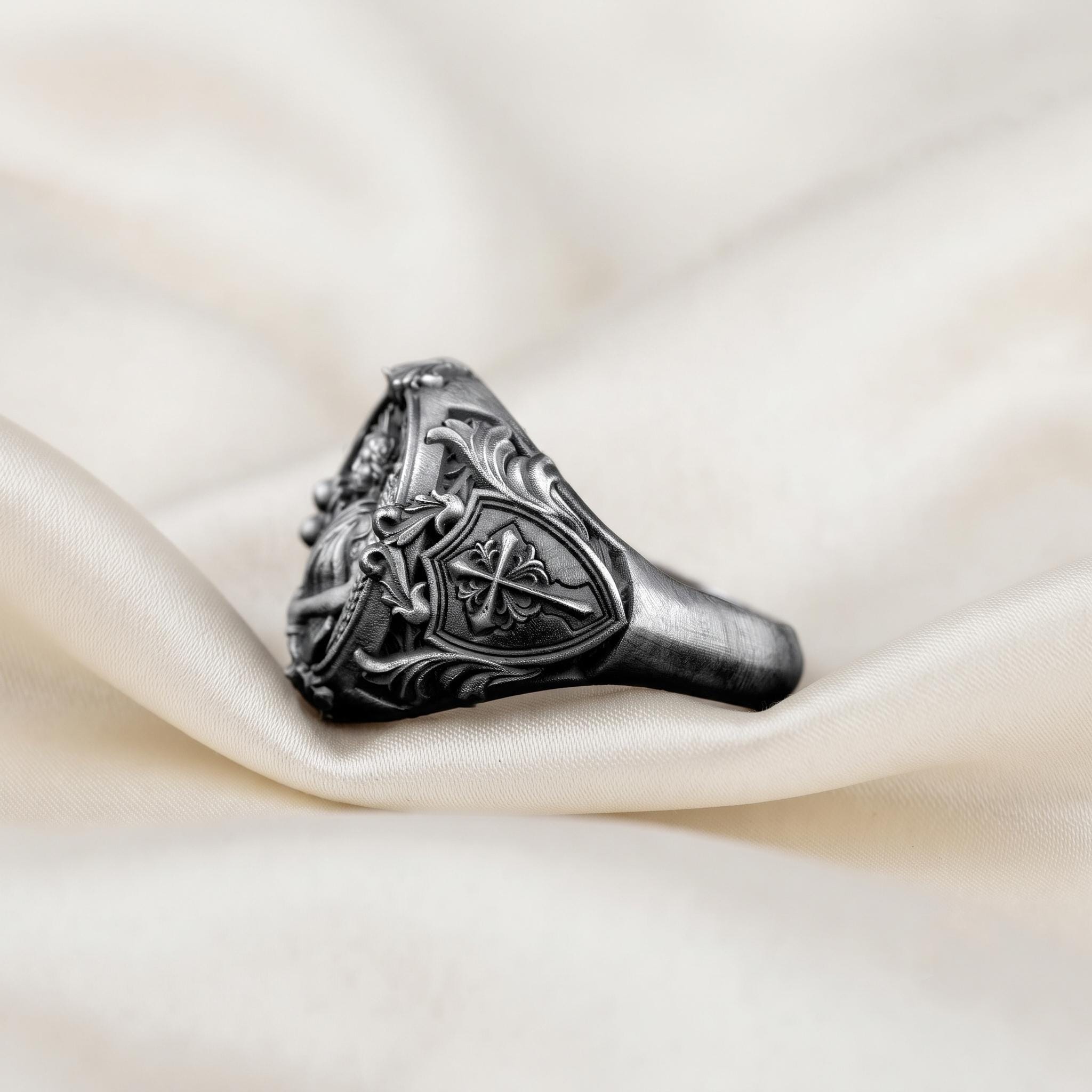Vintage Sterling Silver Archangel Michael Signet Ring, Gothic Religious Jewelry, Crusader Shield Design