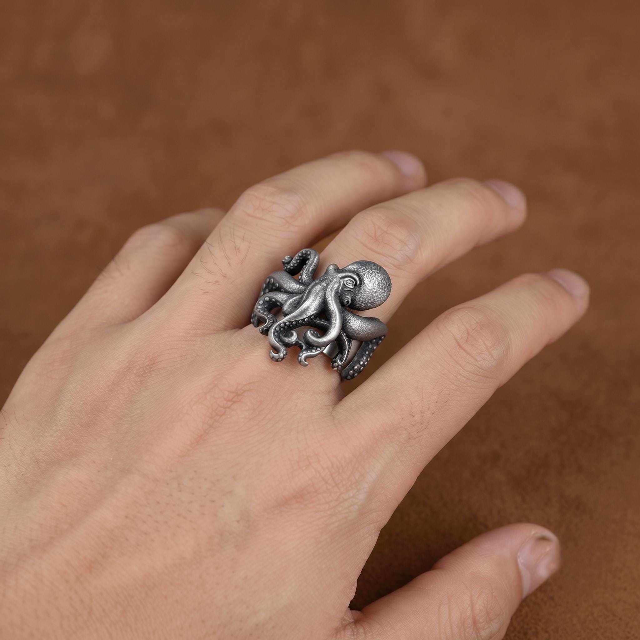 Vintage Sterling Silver Octopus Ring, Gothic Kraken Jewelry, Statement Tentacle Band