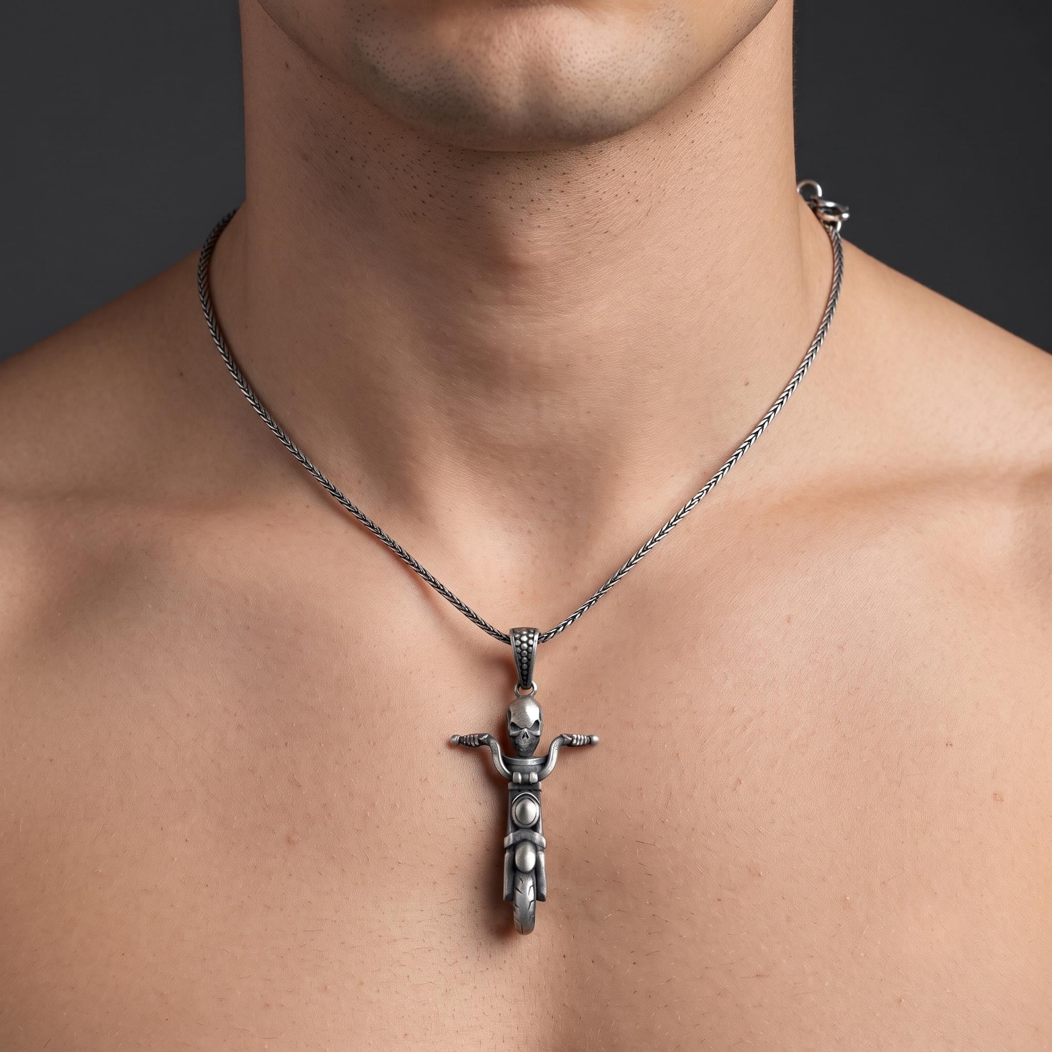Sterling Silver Biker Skull Motorcycle Pendant, Gothic Chopper Necklace, Punk Rock Jewelry