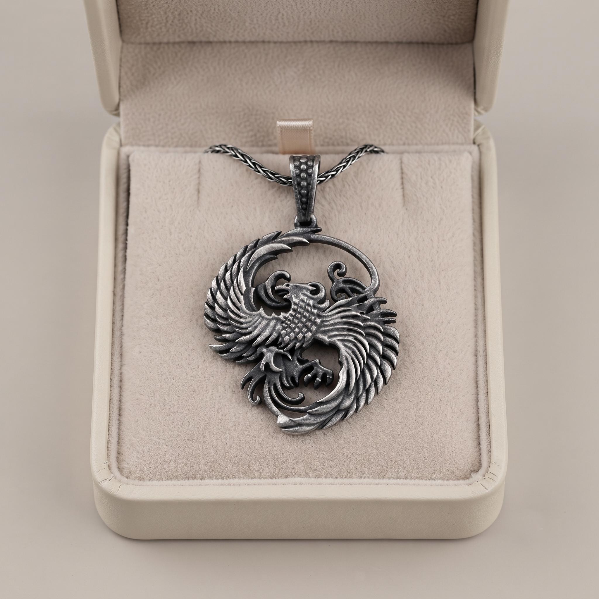 Handmade Sterling Silver Phoenix Pendant, Oxidized Gothic Firebird Necklace