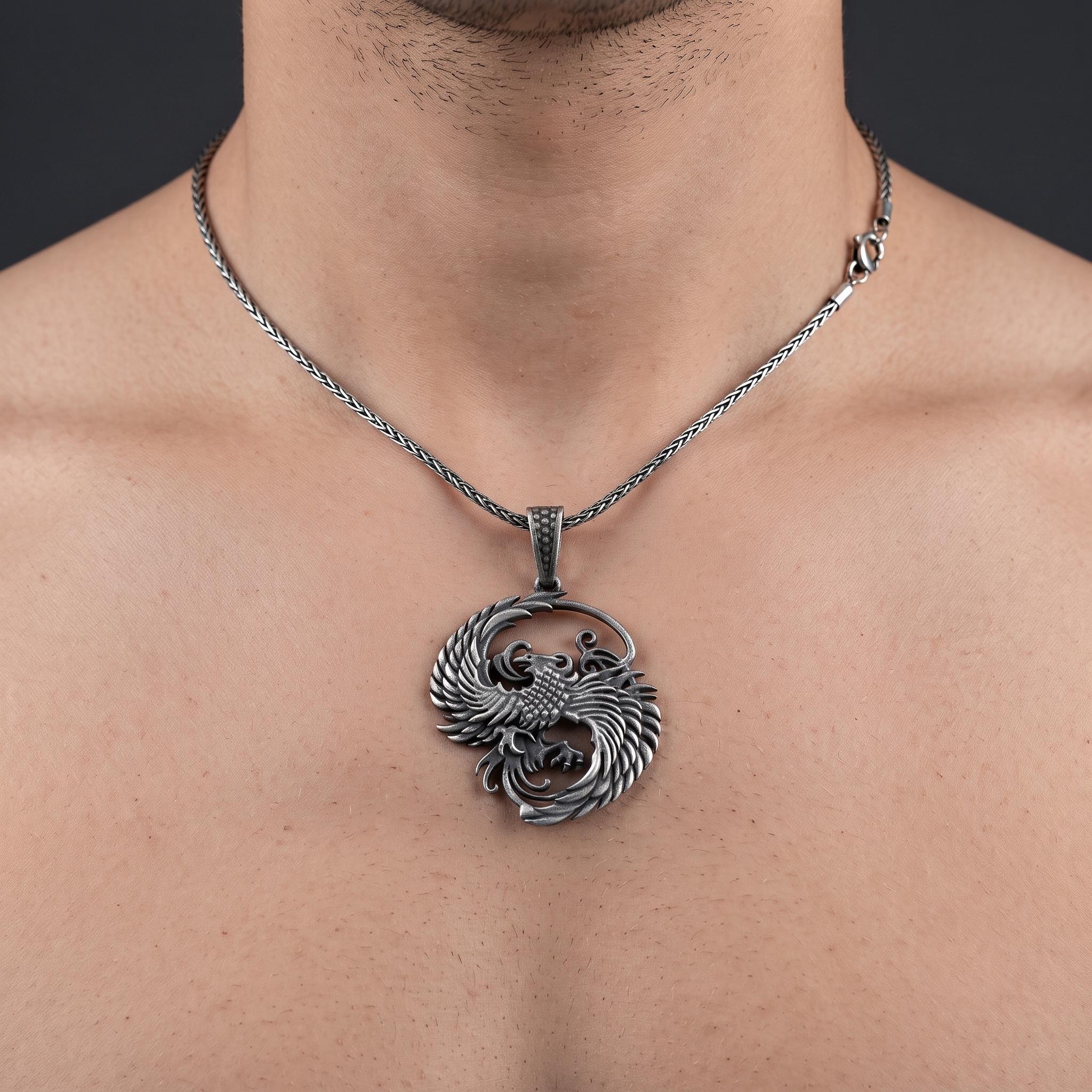 Handmade Sterling Silver Phoenix Pendant, Oxidized Gothic Firebird Necklace