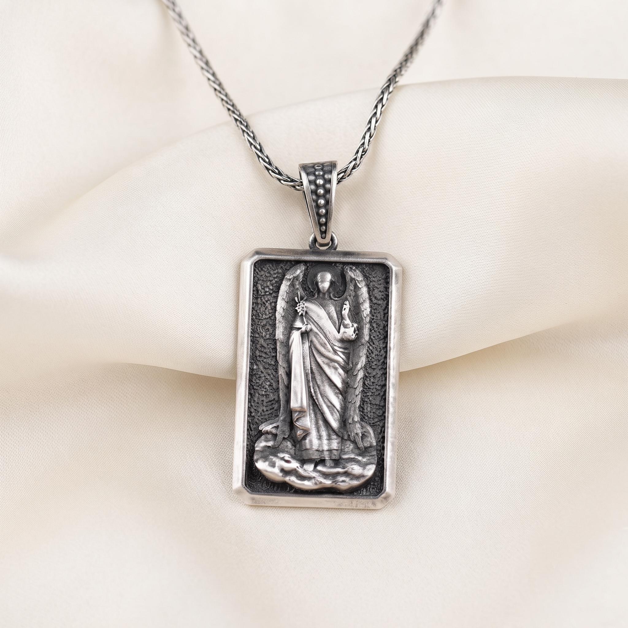 Handmade Sterling Silver Guardian Angel Pendant, Oxidized Religious Dog Tag Necklace