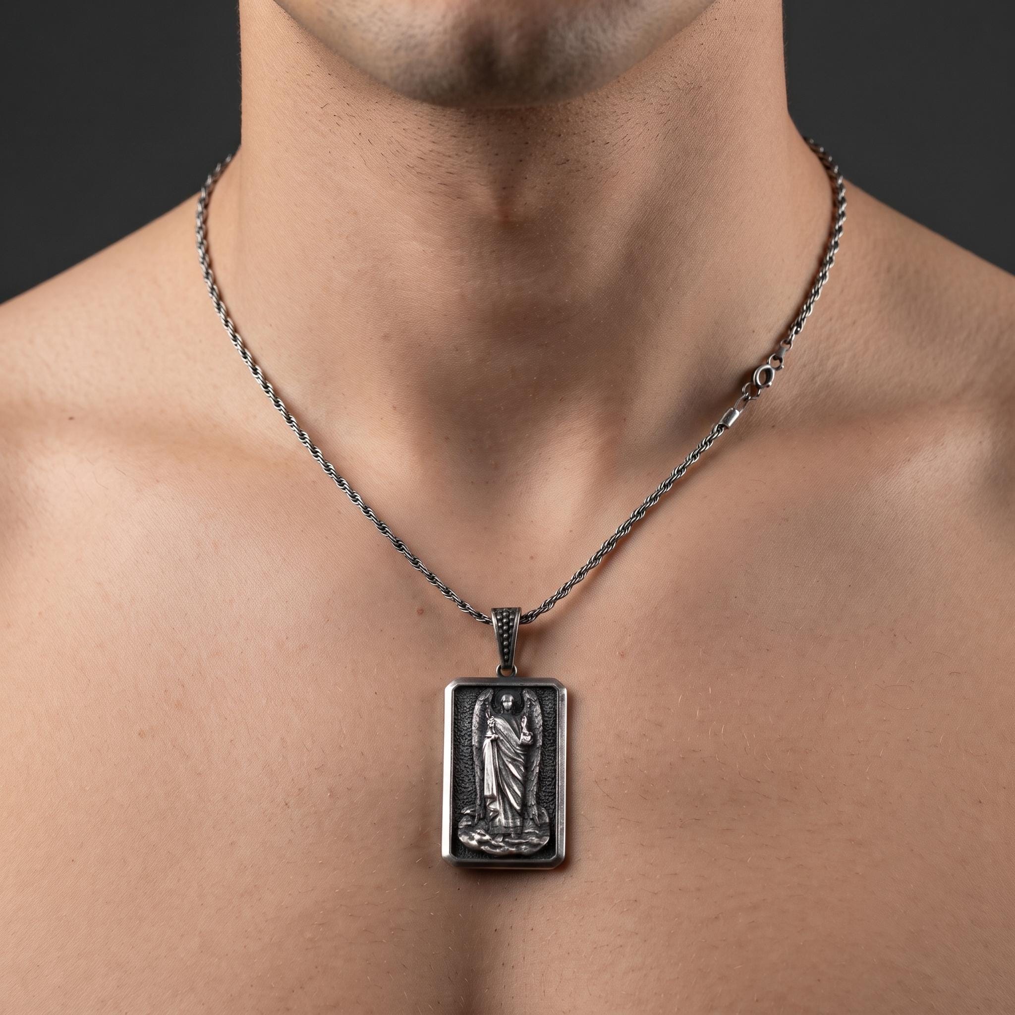 Handmade Sterling Silver Guardian Angel Pendant, Oxidized Religious Dog Tag Necklace
