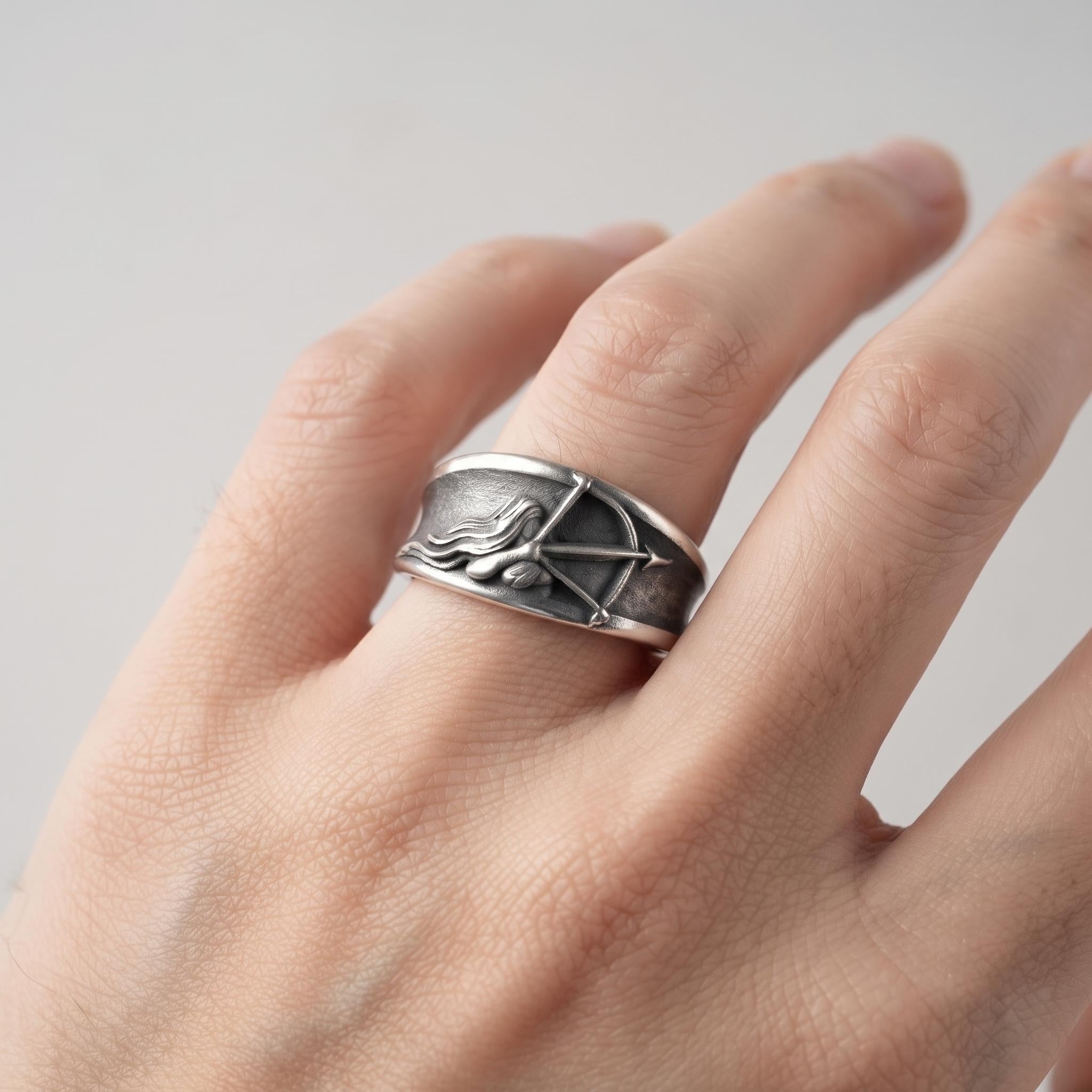Sagittarius Archer Ring, 925 Sterling Silver, Oxidized Gothic Zodiac Jewelry