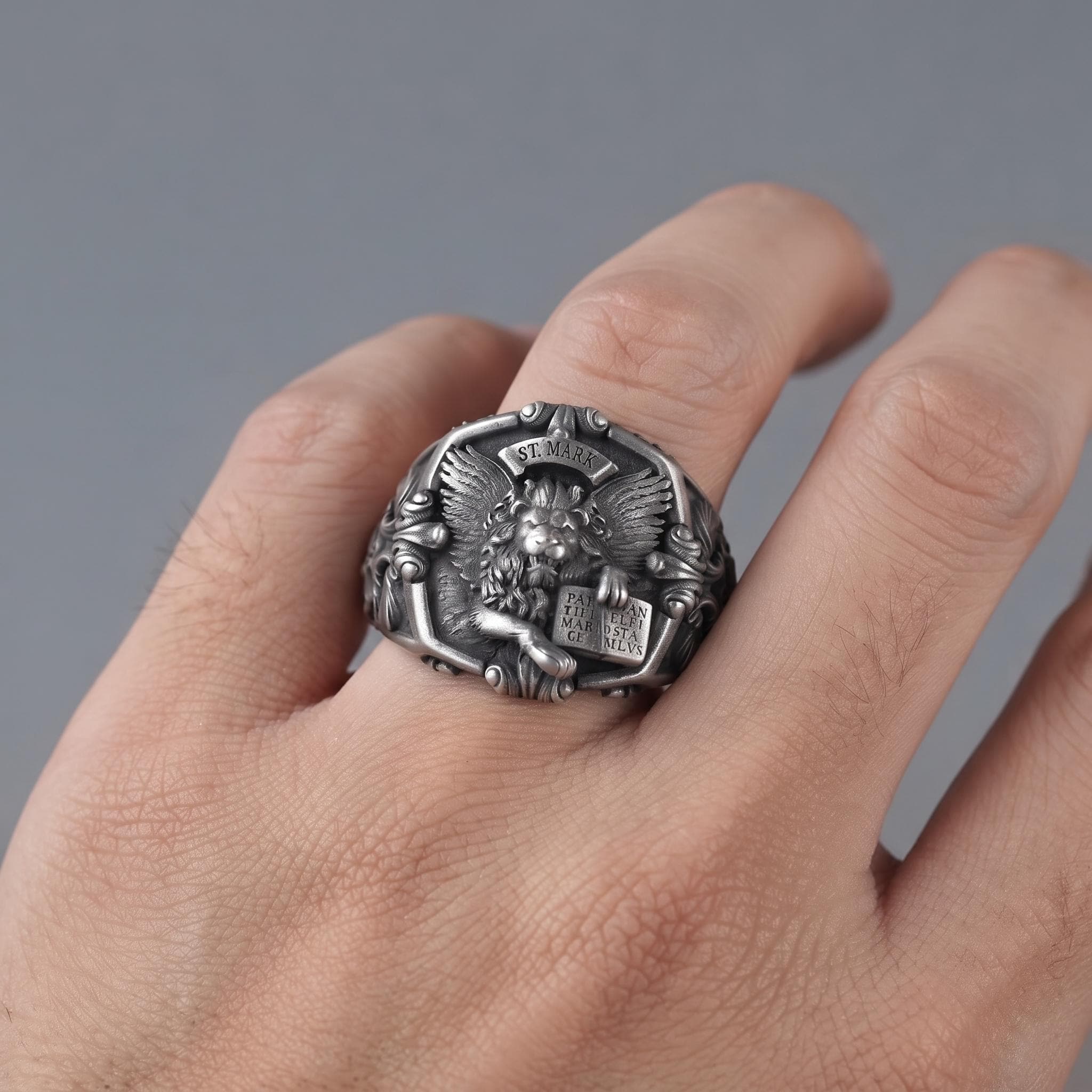 Sterling Silver Winged Lion Signet Ring, Gothic Medieval Heraldry Jewelry